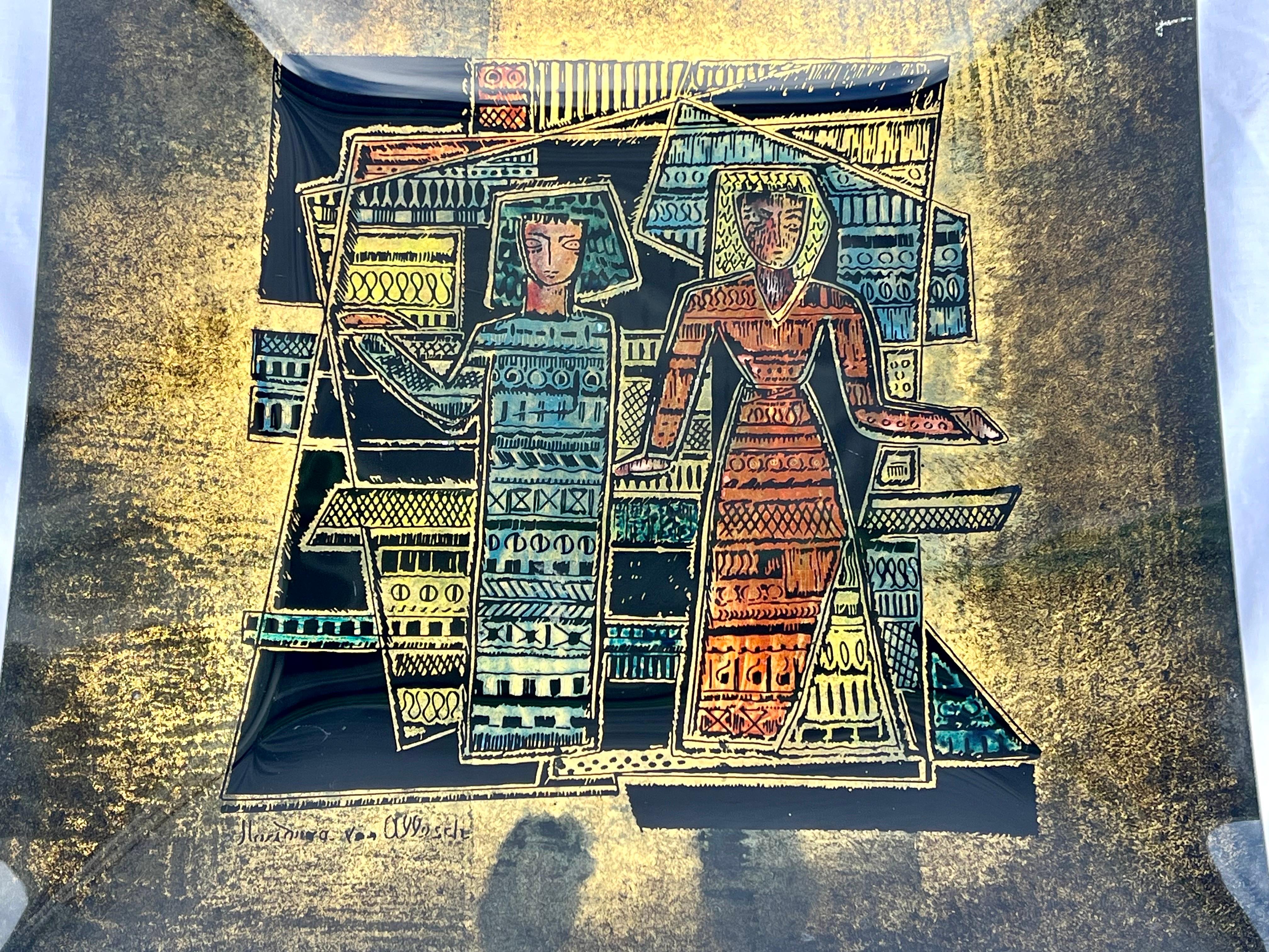 Marianna Von Allesch Eglomise, rückseitig bemalte Glasplatte oder Tablett, Mitte des Jahrhunderts (Moderne der Mitte des Jahrhunderts) im Angebot