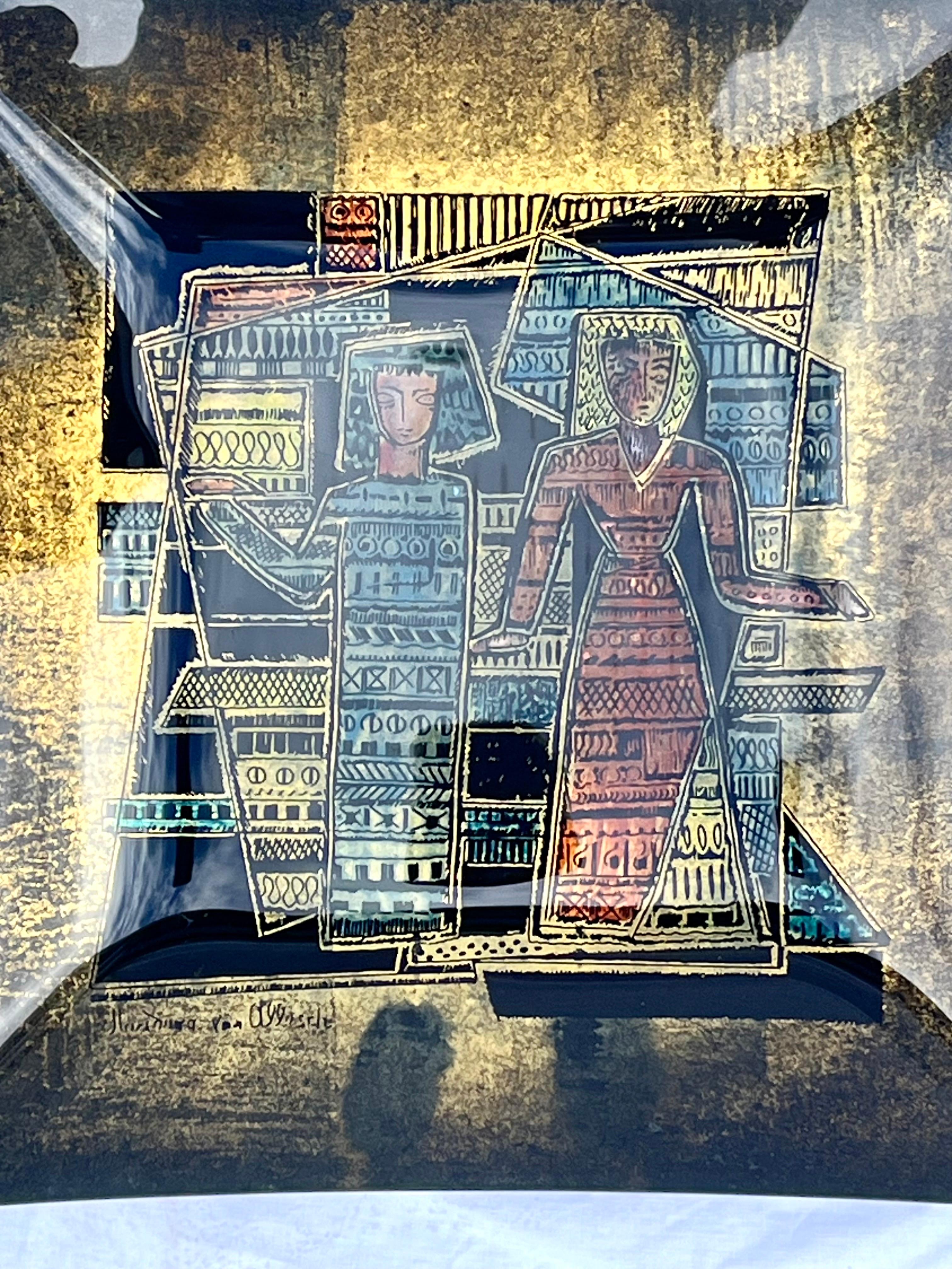 Marianna Von Allesch Eglomise, rückseitig bemalte Glasplatte oder Tablett, Mitte des Jahrhunderts (amerikanisch) im Angebot