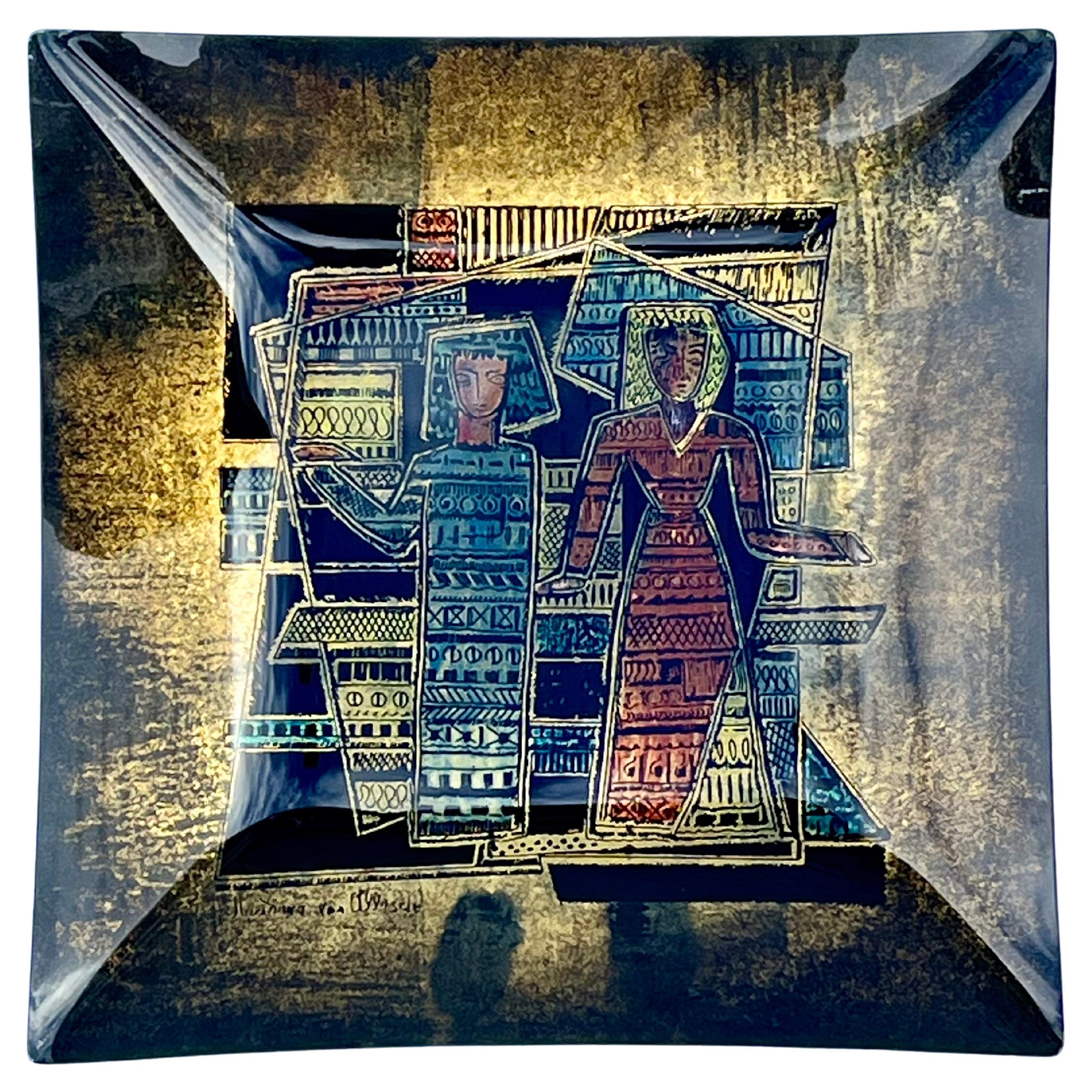 Marianna Von Allesch Eglomise, rückseitig bemalte Glasplatte oder Tablett, Mitte des Jahrhunderts