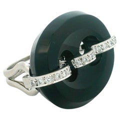 Mid-Century Mariner Link Onyx and Diamond Cocktail Ring in 18 Karat White Gold