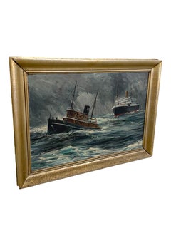 Mid-Century Maritime Painting of Ships in Storm, Signed