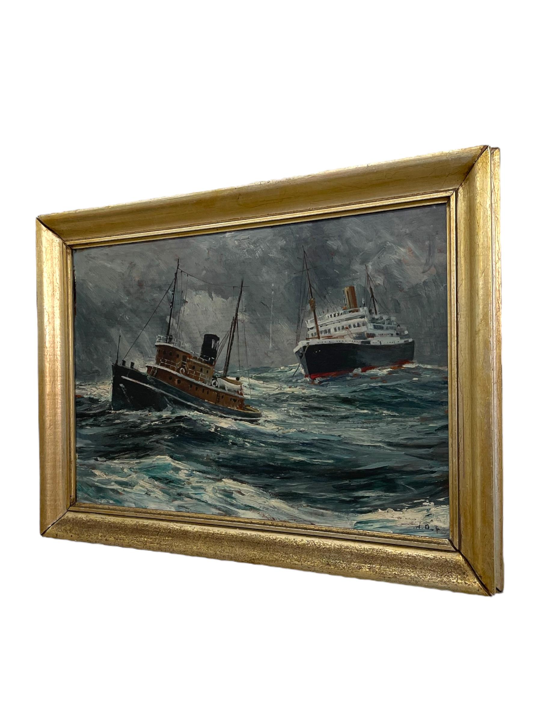 Mid-Century Modern Peinture maritime du milieu du siècle représentant des navires dans une tempête, signée en vente