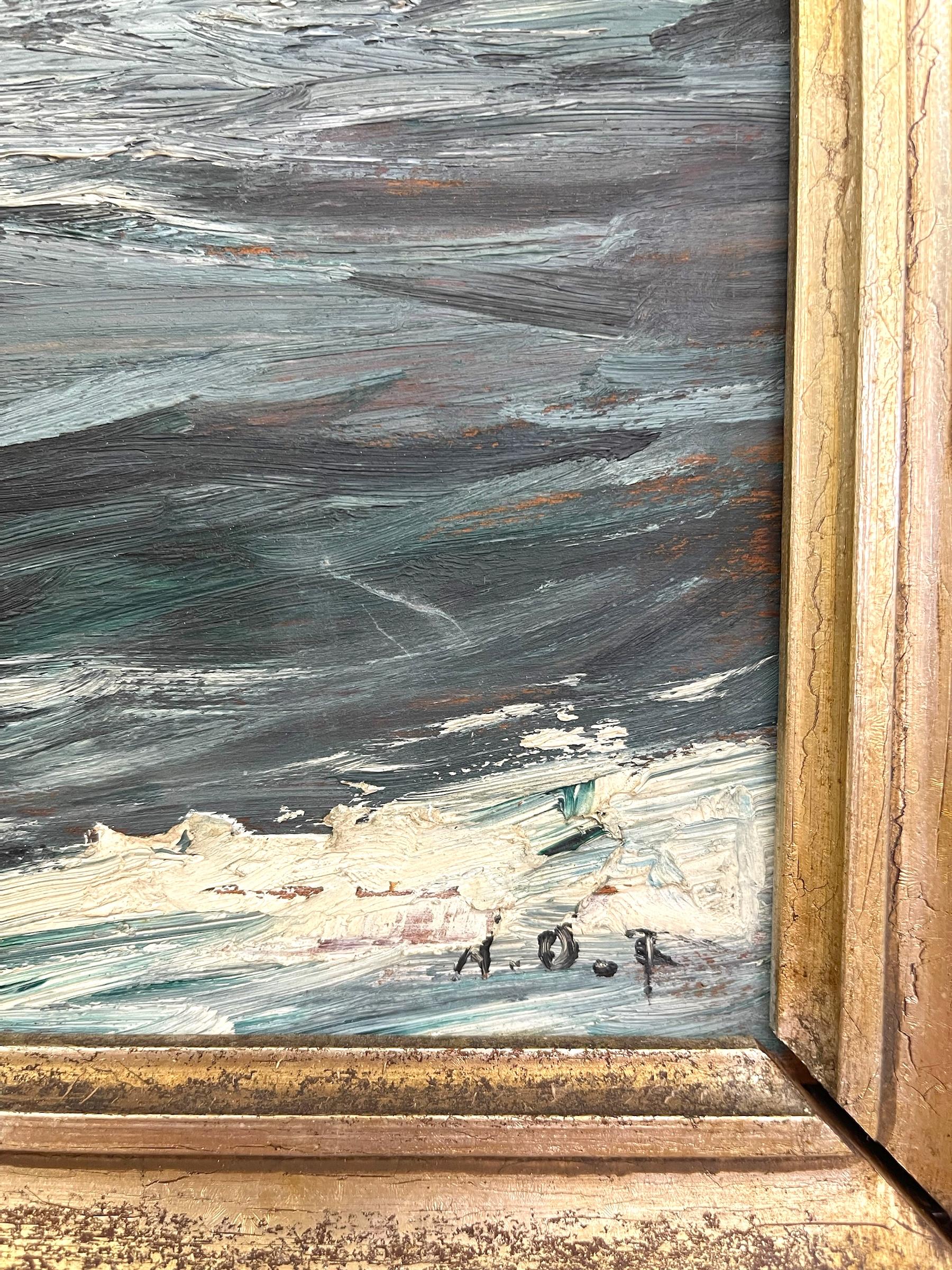 Bois Peinture maritime du milieu du siècle représentant des navires dans une tempête, signée en vente