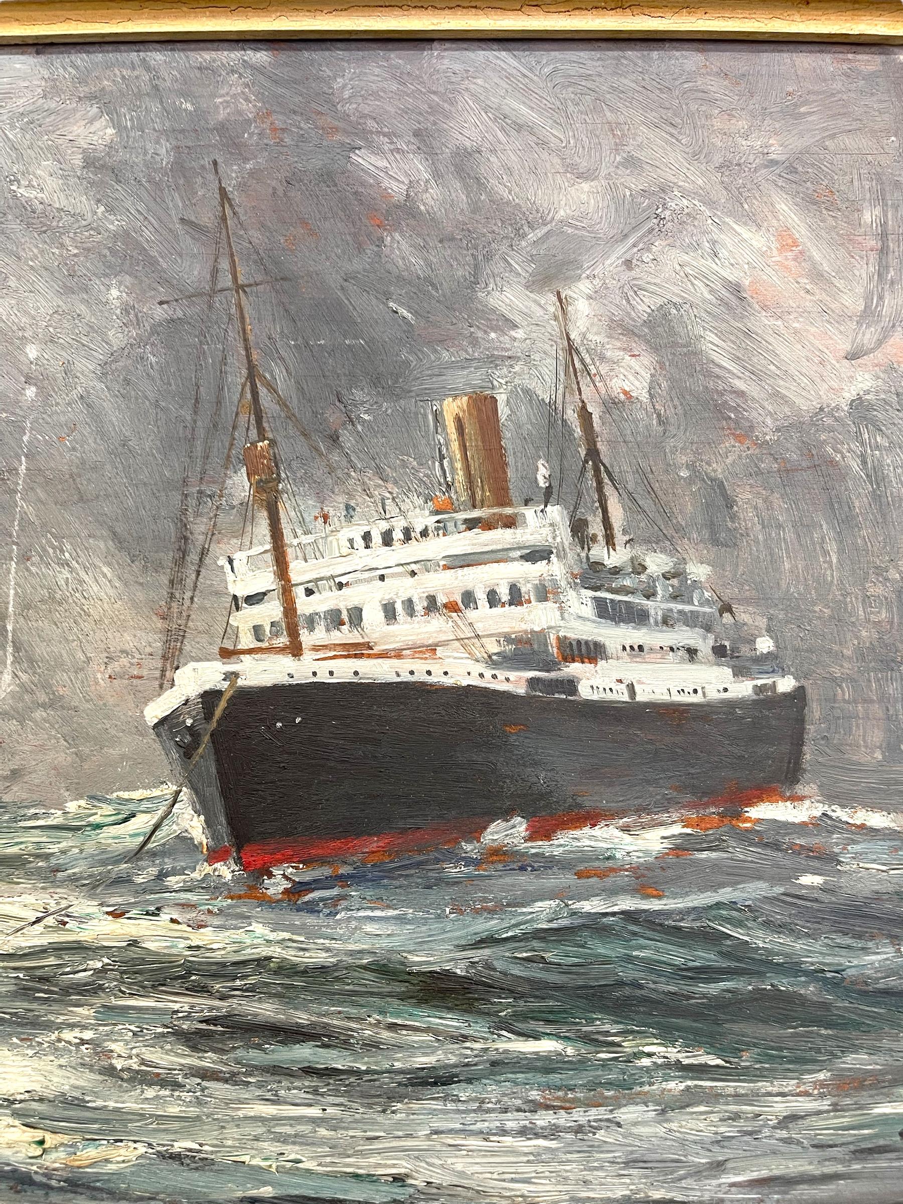 Peinture maritime du milieu du siècle représentant des navires dans une tempête, signée en vente 2