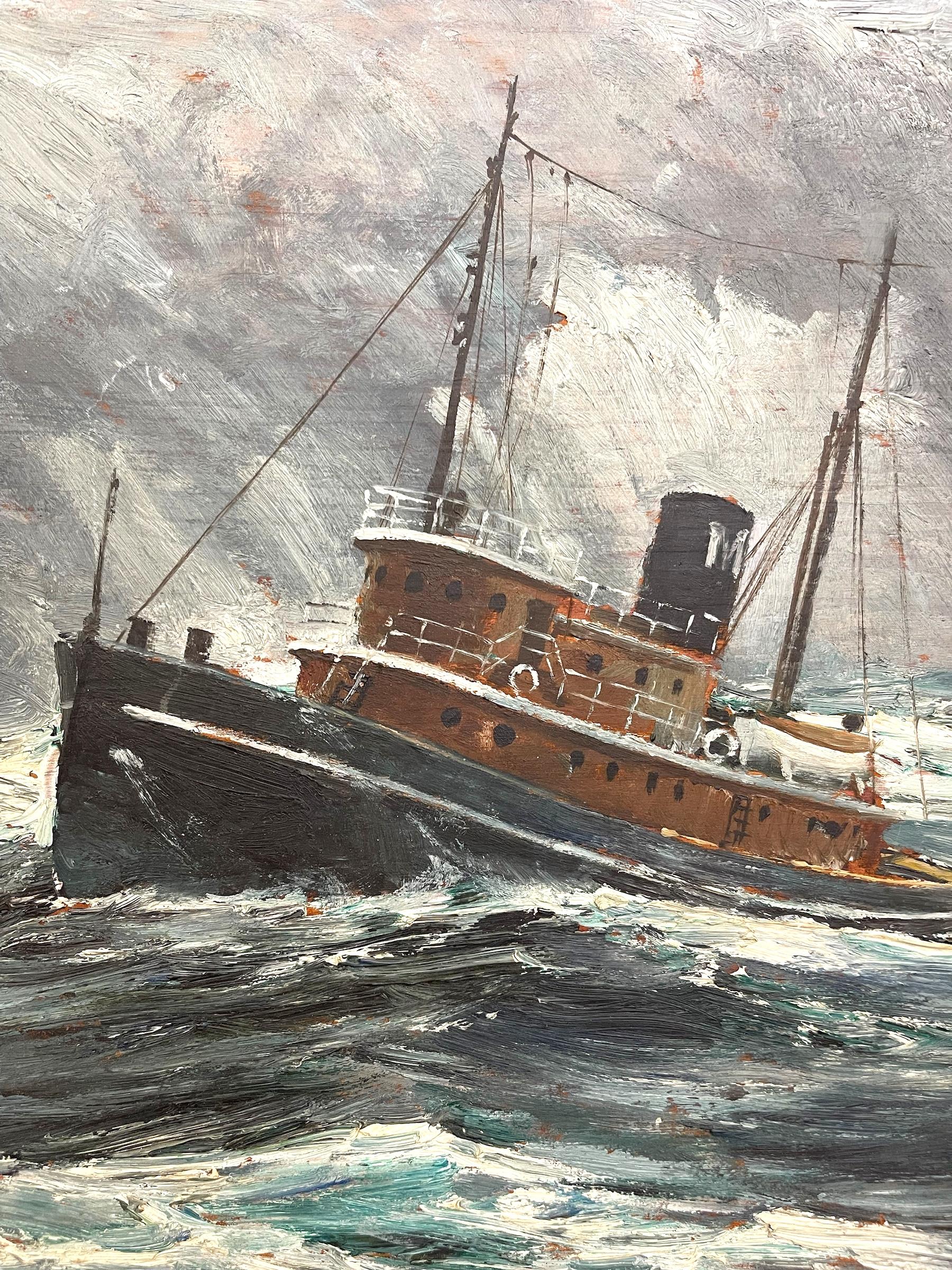 Peinture maritime du milieu du siècle représentant des navires dans une tempête, signée en vente 3