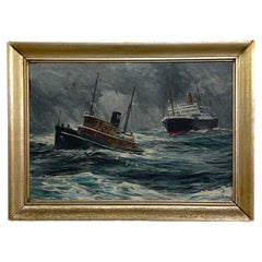 Quadro marittimo di metà secolo con navi in tempesta, firmato