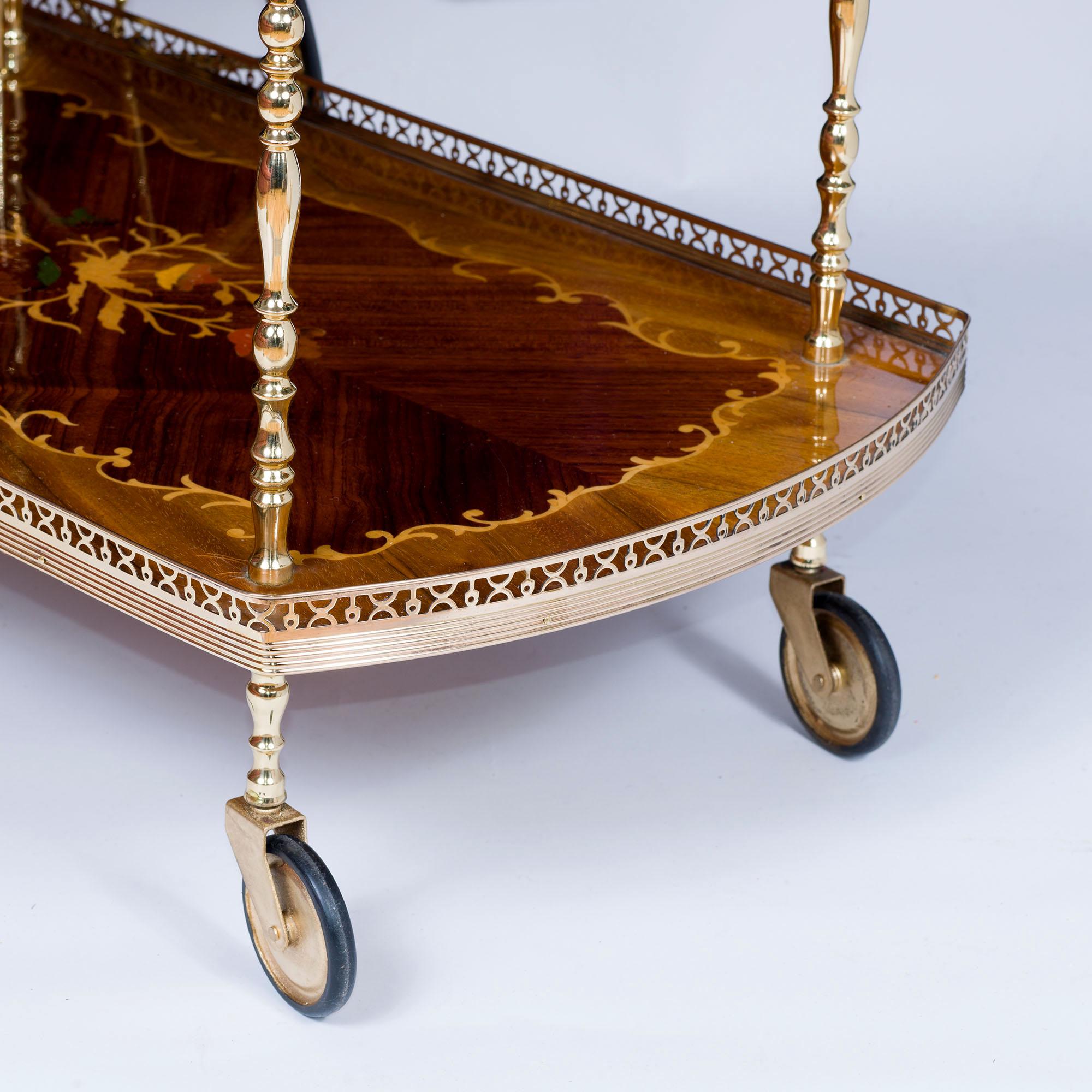 Mid Century Marquetry and Polished Brass Bar Cart Drinks Trolley For Sale 4