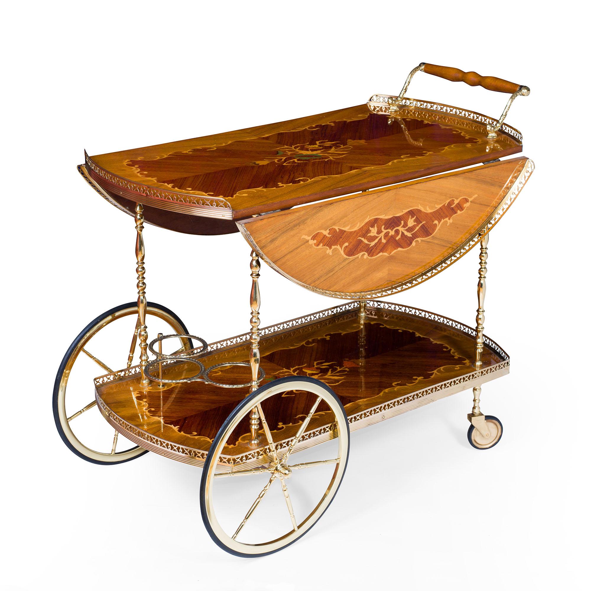 Italian Mid Century Marquetry and Polished Brass Bar Cart Drinks Trolley For Sale