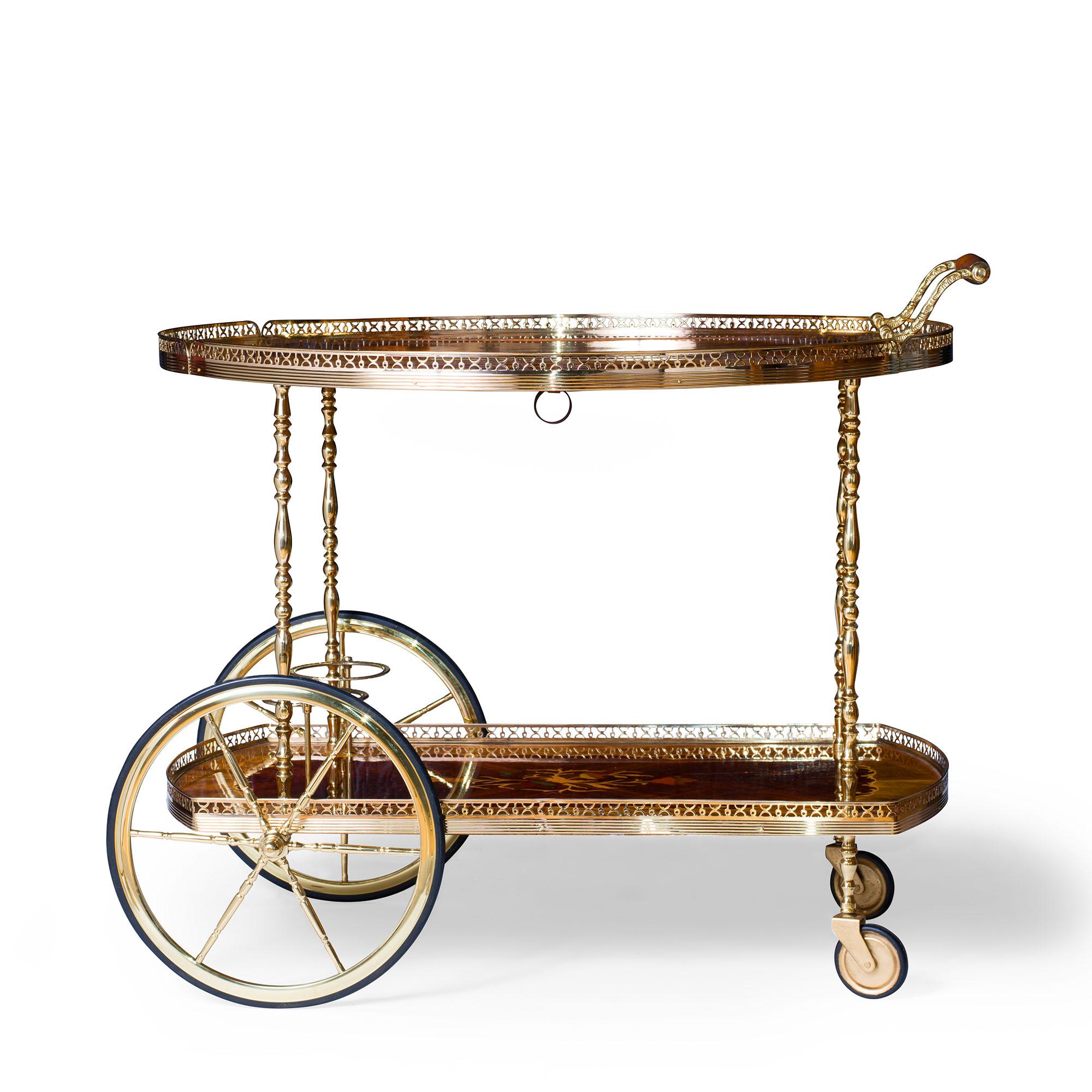 20th Century Mid Century Marquetry and Polished Brass Bar Cart Drinks Trolley For Sale