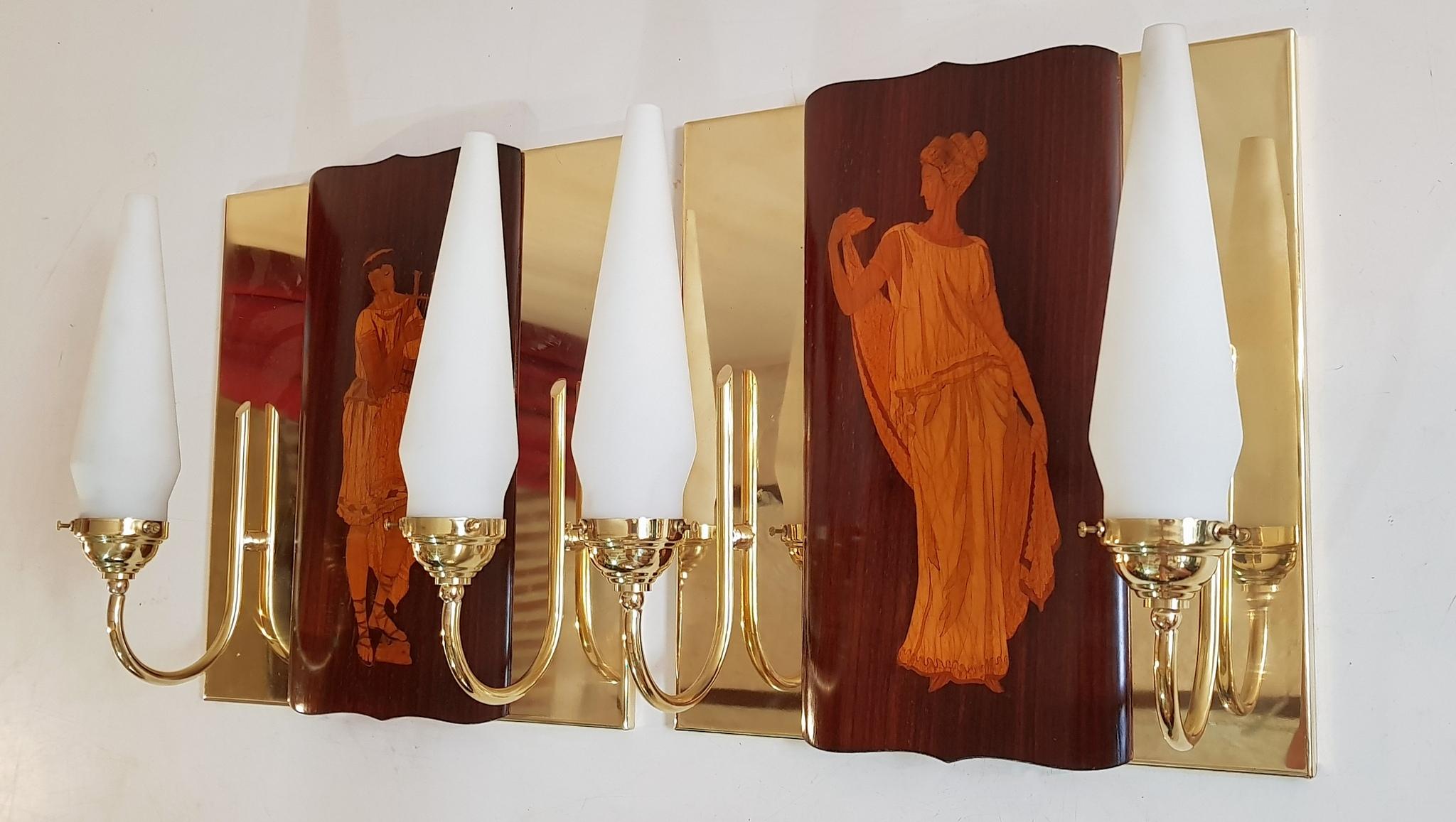 Italian Mid-Century Marquetry Wall Sconces by Andrea Gusmai, Italy For Sale