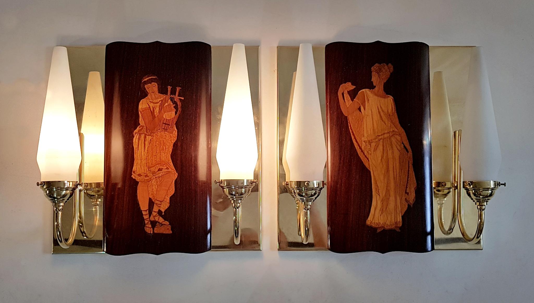 Mid-Century Marquetry Wall Sconces by Andrea Gusmai, Italy In Excellent Condition For Sale In Albano Laziale, Rome/Lazio