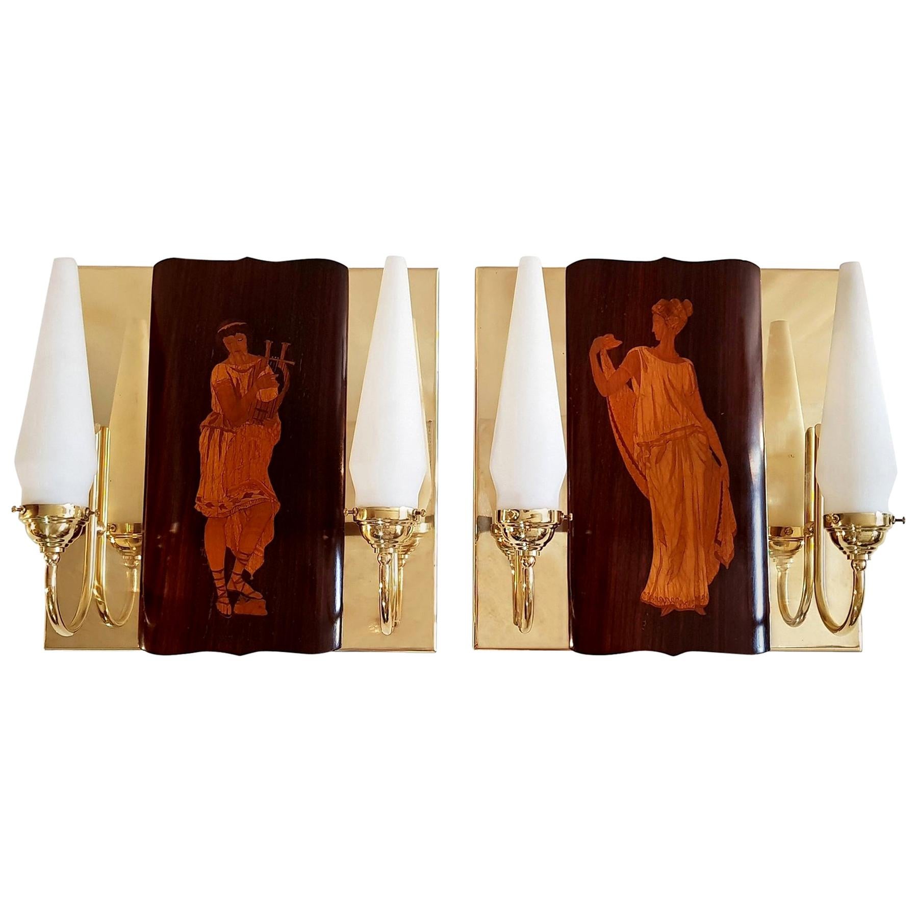 Mid-Century Marquetry Wall Sconces by Andrea Gusmai, Italy