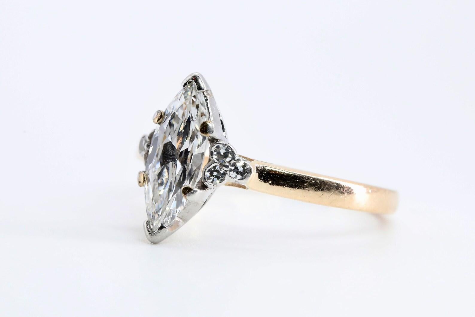 Post-War Mid Century Marquise Cut Diamond Engagement Ring in 14K, Palladium For Sale
