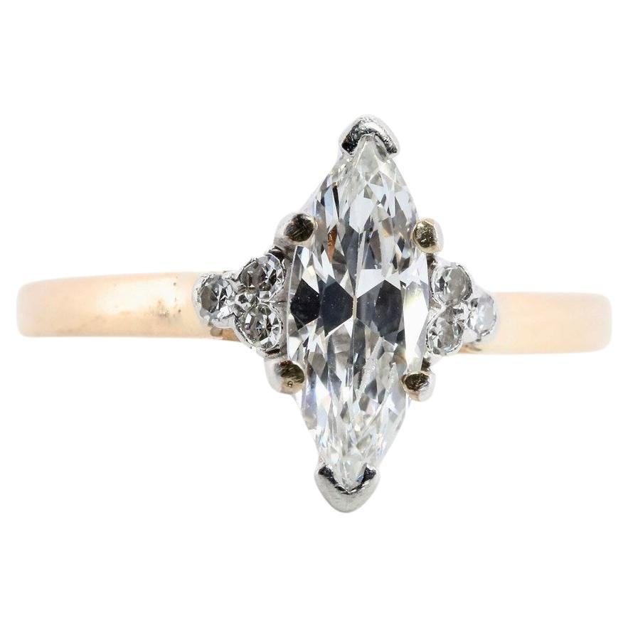Mid Century Marquise Cut Diamond Engagement Ring in 14K, Palladium For Sale