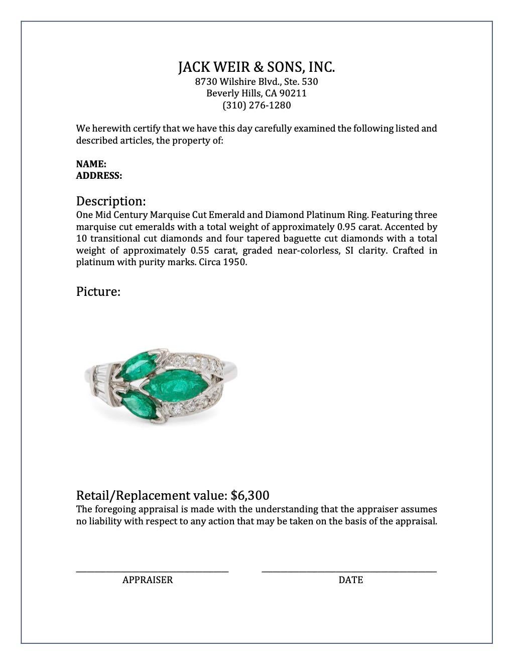 Platinring mit Smaragd und Diamant im Marquiseschliff aus der Jahrhundertmitte 3