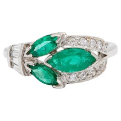 Midcentury Marquise Cut Emerald and Diamond Platinum Ring