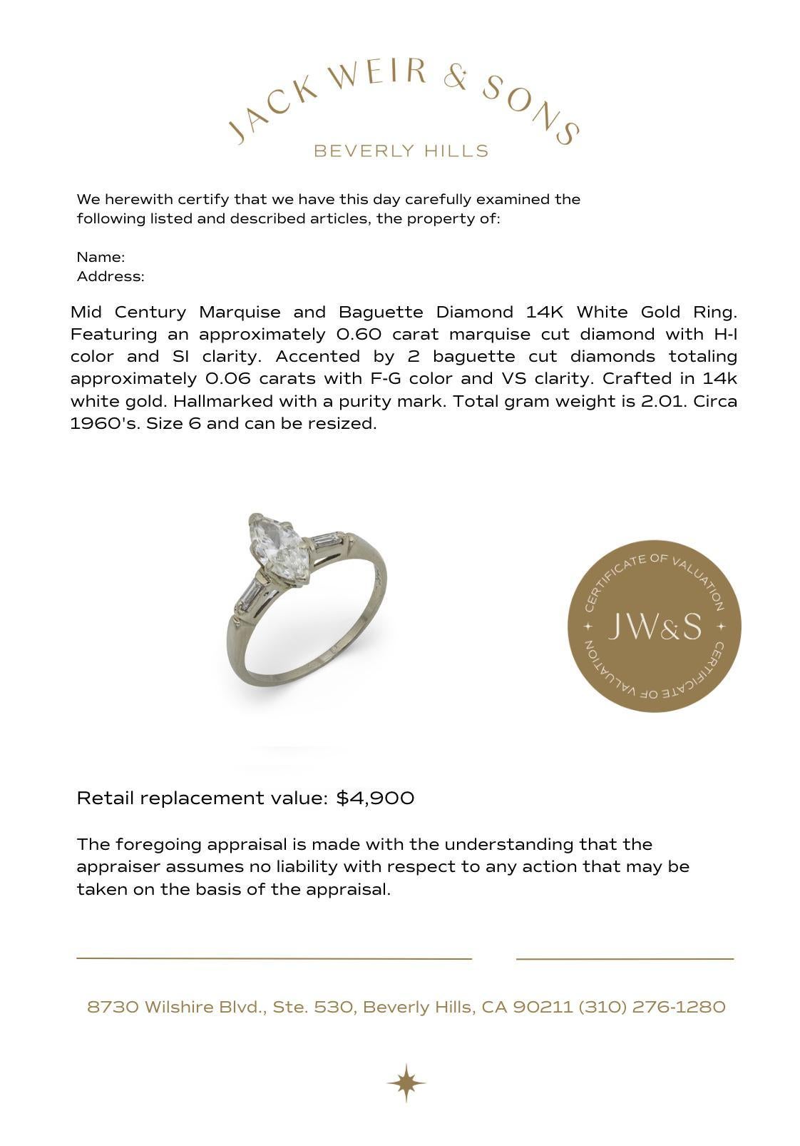 Bague de fiançailles en or blanc 14k avec diamant marquise de style Whiting en vente 2