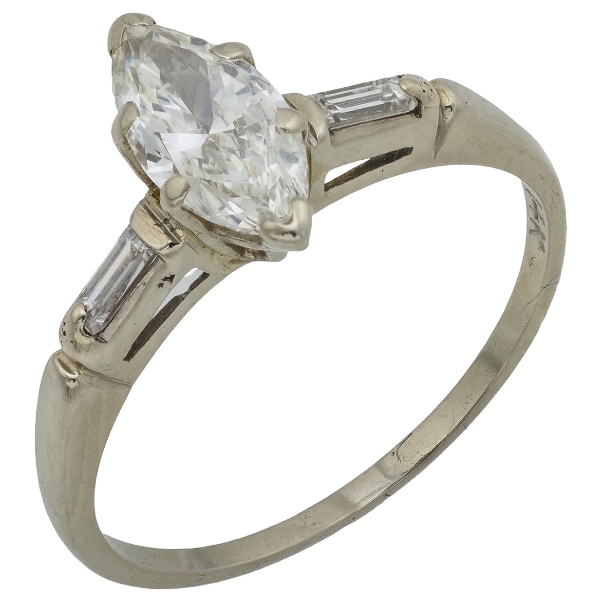 Mid Century marquise diamond 14k white gold engagement ring