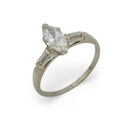 Mid Century marquise diamond 14k white gold engagement ring