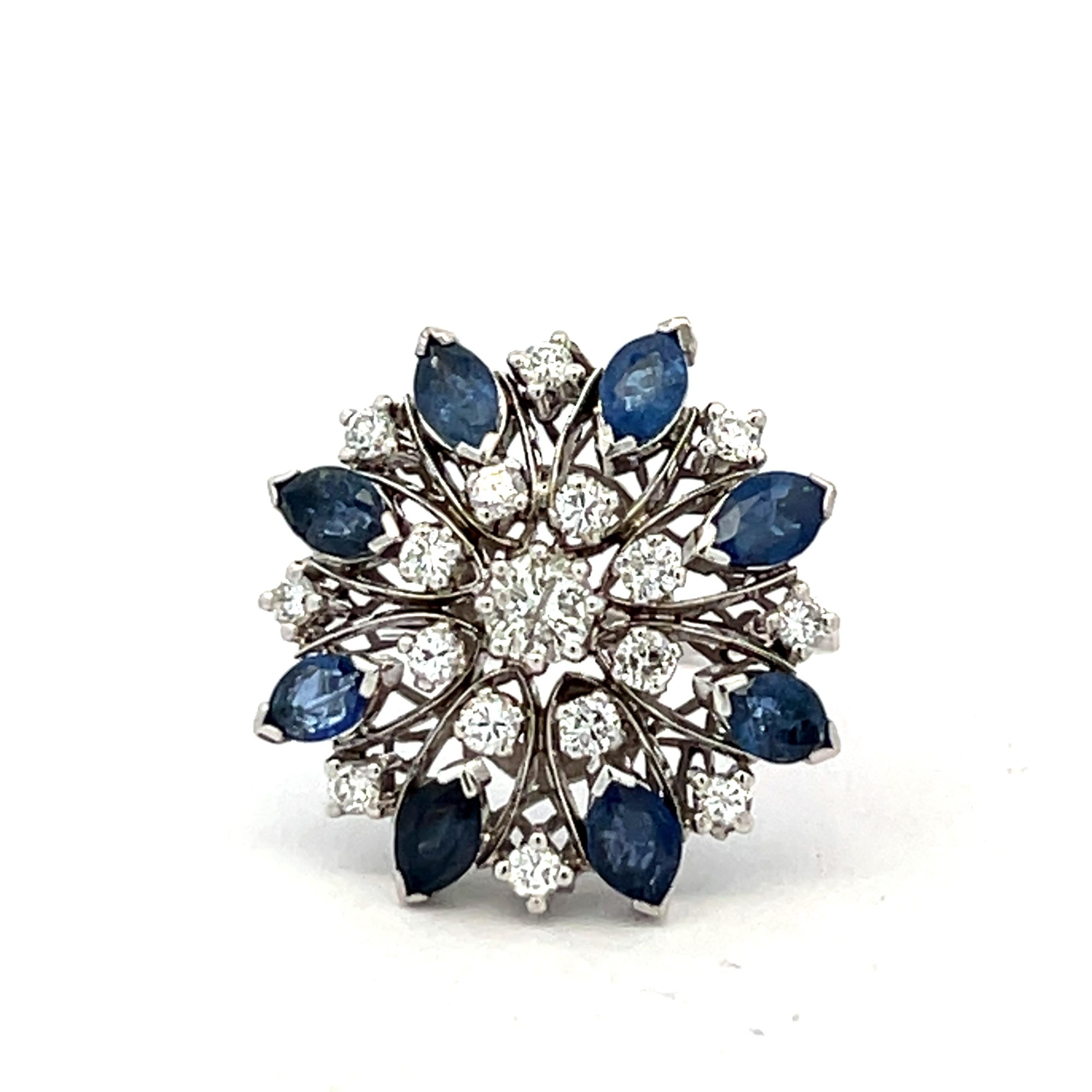 Anillo de cóctel de zafiro marquesa y diamantes de mediados de siglo en oro blanco de 18 quilates Corte marquesa en venta