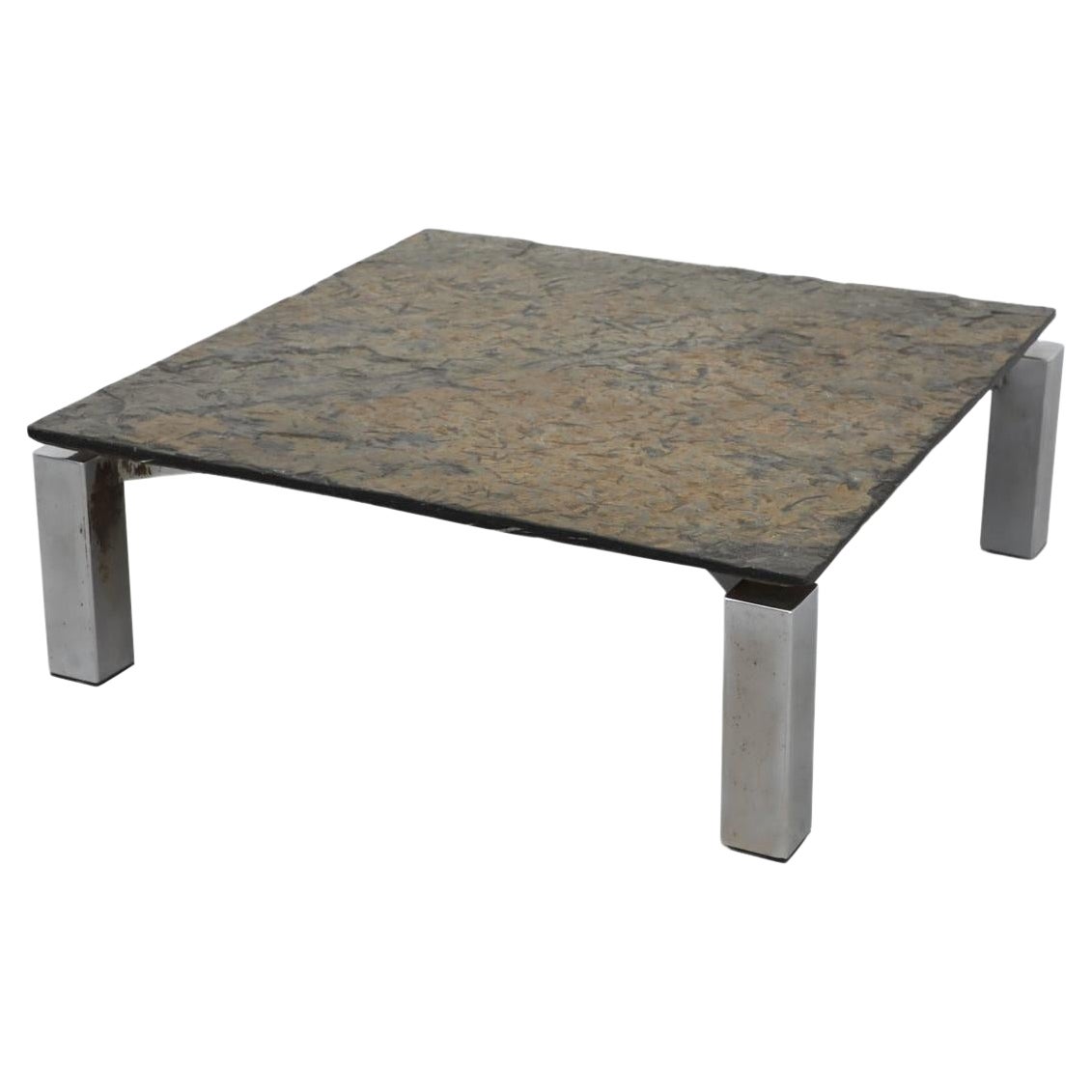 Mid-Century Martin Visser Style Coffee Table, Slate Top, Chrome Cube Legs For Sale