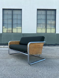 Mid Century Martin Visser Wicker and Chrome Cantilever Two Seater Sofa