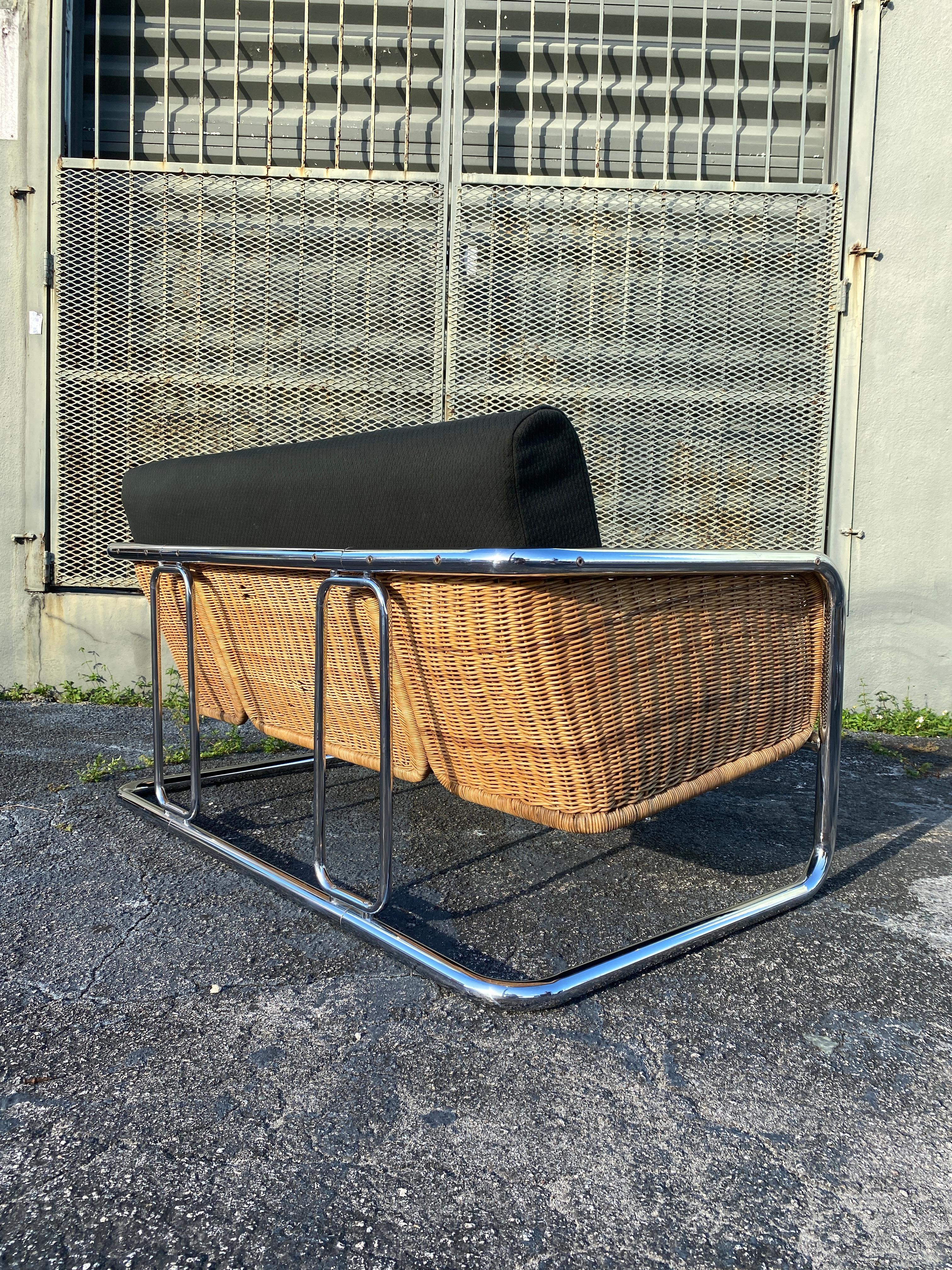 North American Mid Century Martin Visser Wicker and Chrome Cantilever Two Seater Sofa For Sale