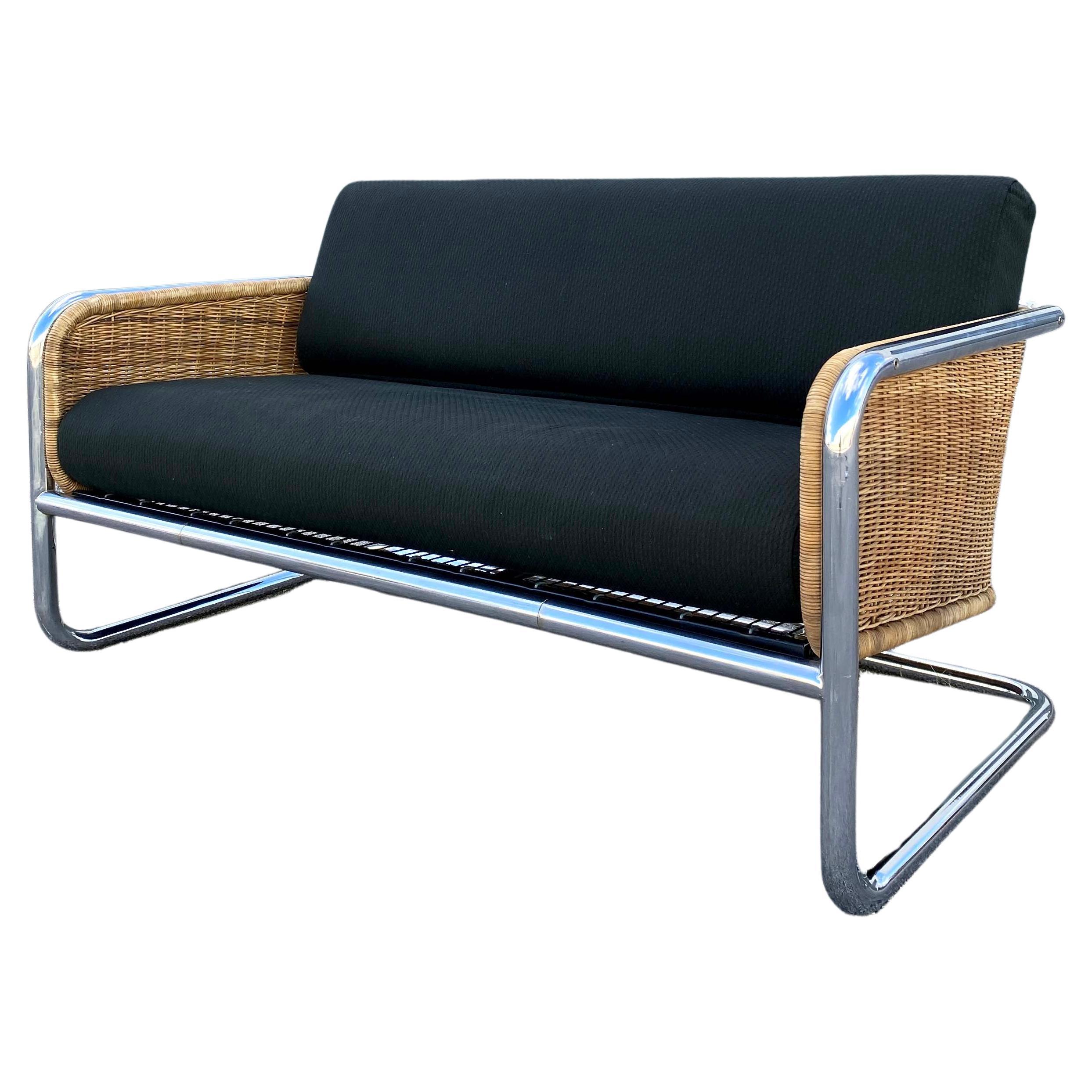 Mid Century Martin Visser Wicker and Chrome Cantilever Two Seater Sofa For Sale