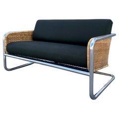 Retro Mid Century Martin Visser Wicker and Chrome Cantilever Two Seater Sofa