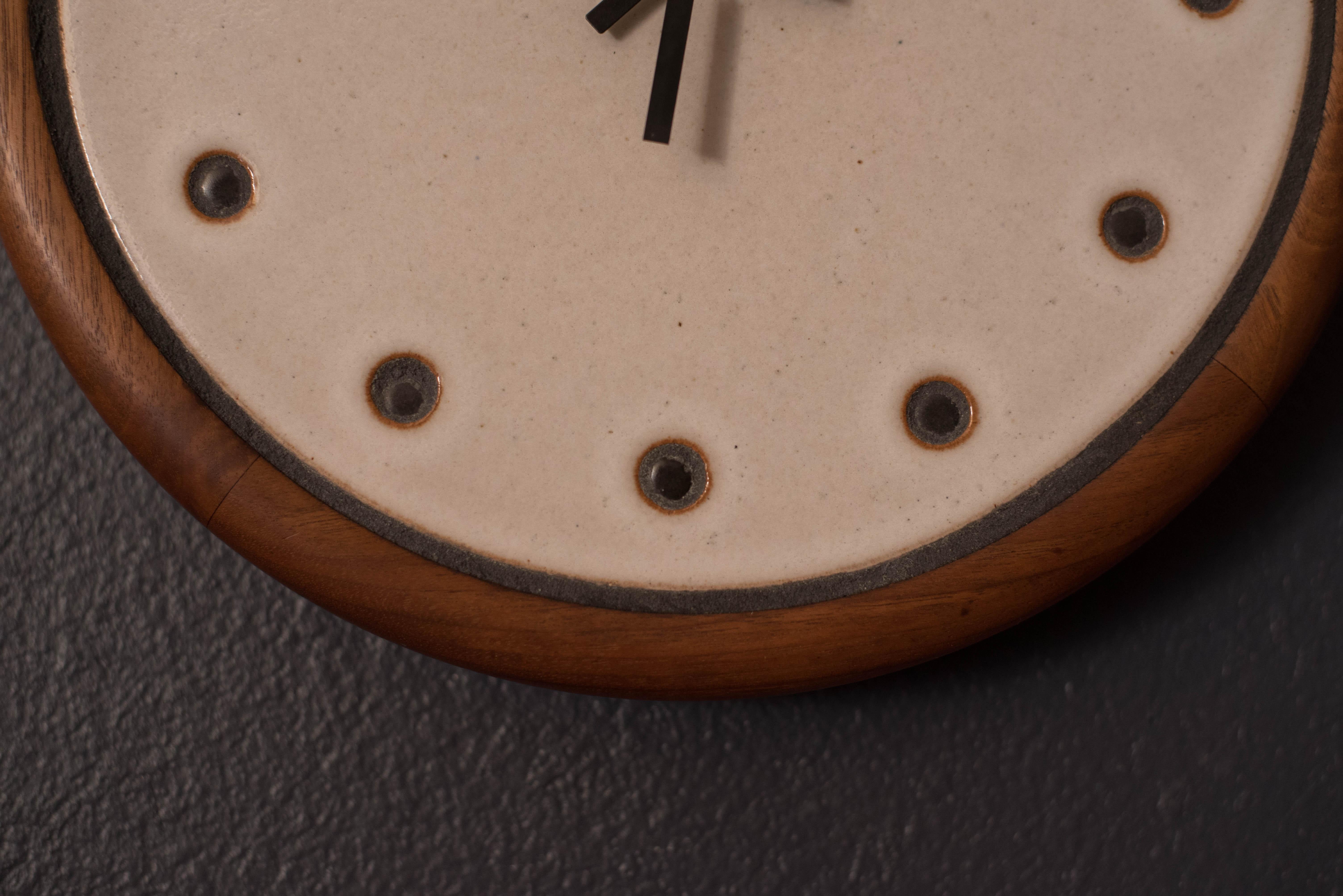 American Mid Century Martz Stoneware Ceramic and Walnut Wall Clock for Marshall Studios