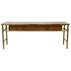 Midcentury Mastercraft Bamboo Style Brass and Burled Walnut Console Table