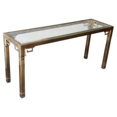 Mid Century Mastercraft Brass and Glass Console Table, Greek Key Motif