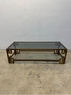 Mid-Century Mastercraft Greek Key Brass Coffee Table With Smoked Glass Inset Top