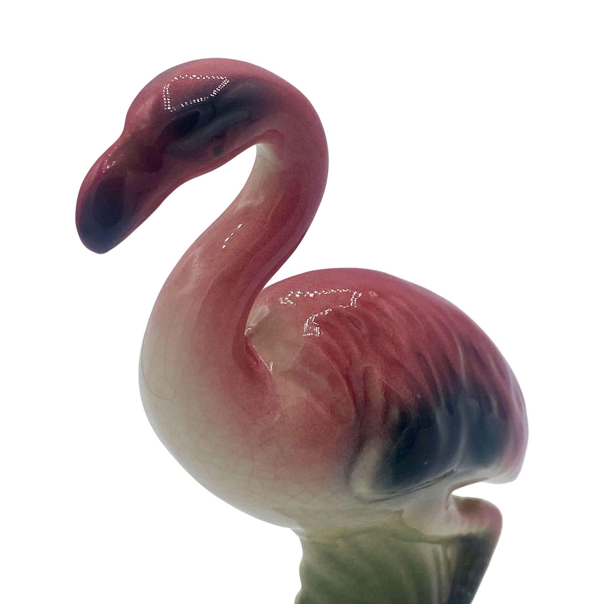 American Mid-century Matching Miniature Pink Flamingo Ceramic Tabletop Figure Statues For Sale
