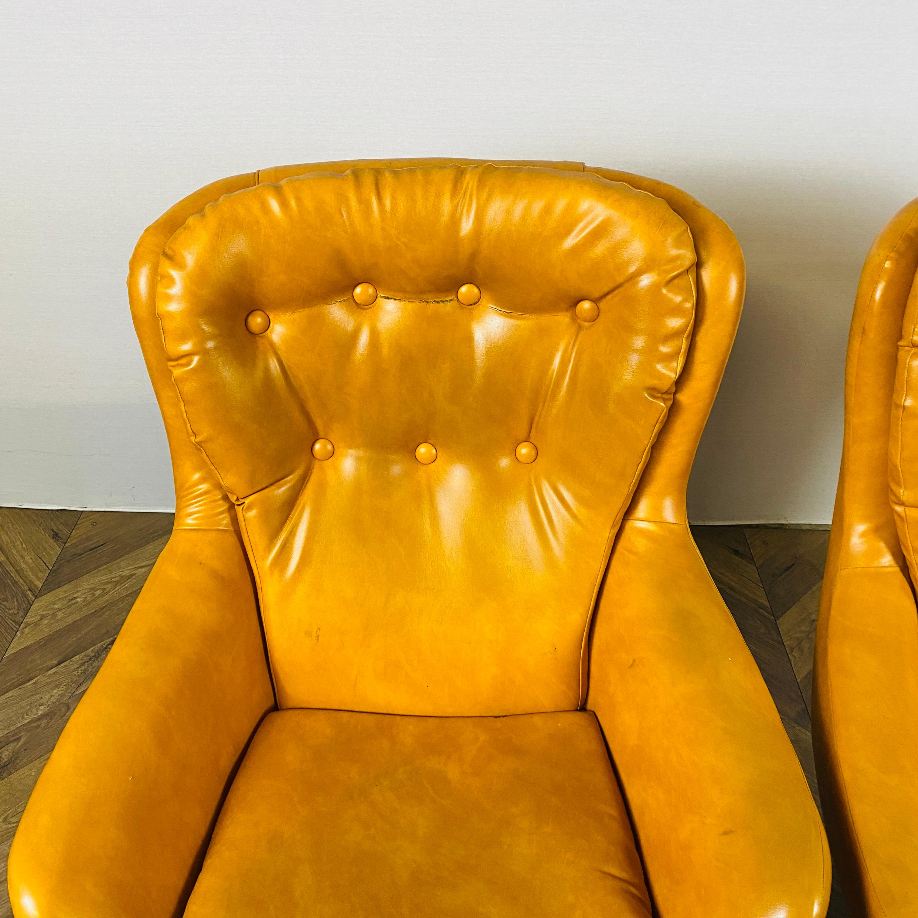 Mid Century Matching Tan Vinyl Sofa + 2 Swivel Egg Chairs, 1970s 1