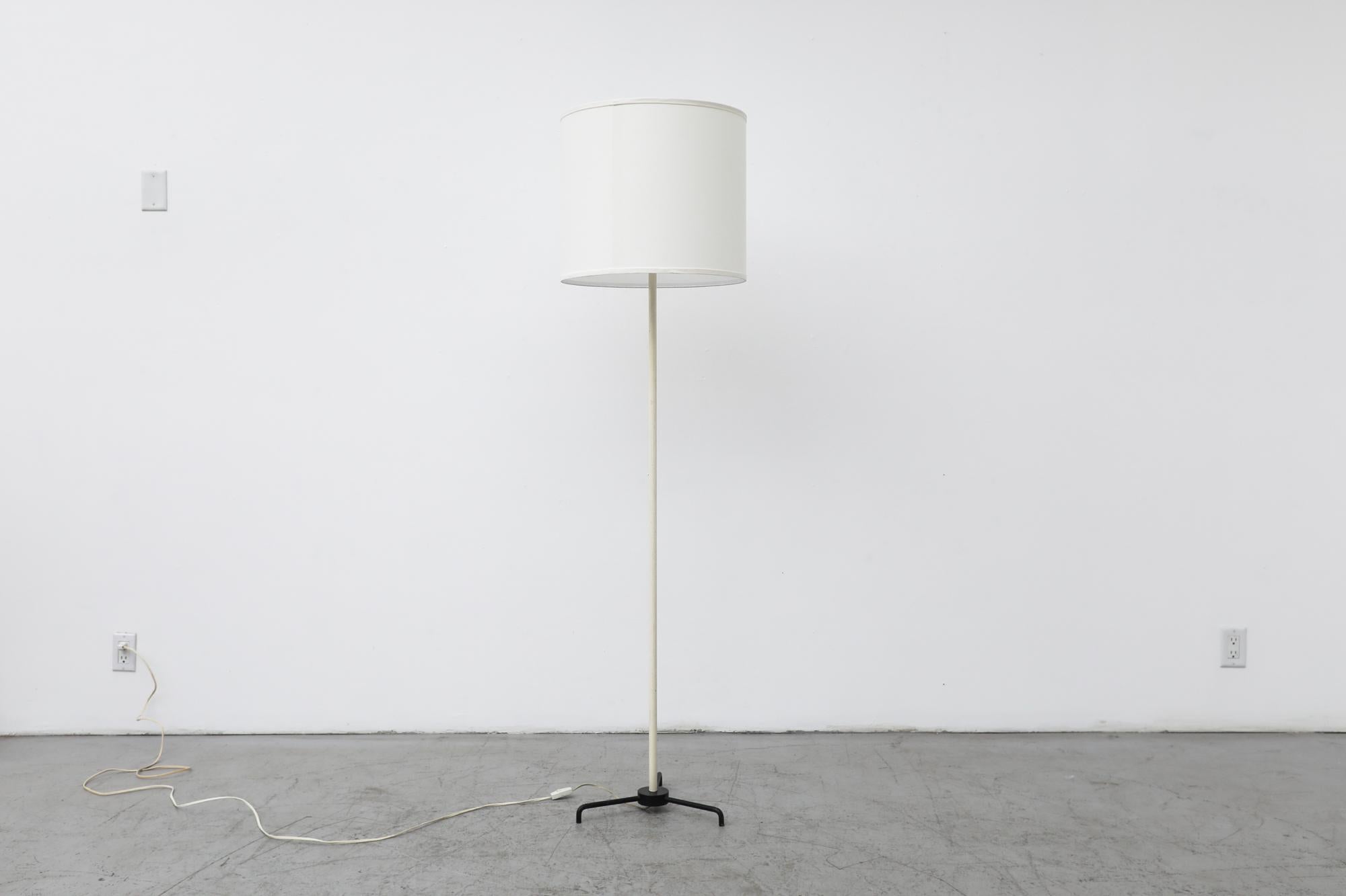Dutch Mid-Century White Mategot Style Floor Lamp w/ Black Tripod Base & Linen Shade