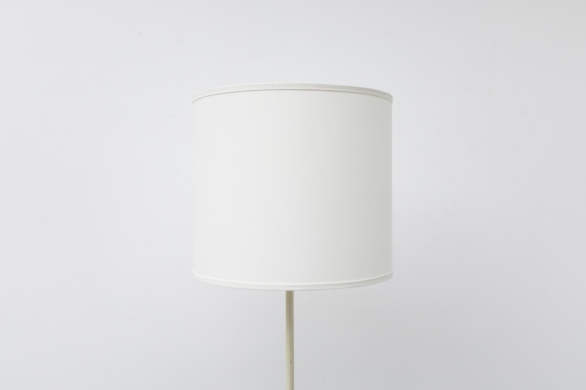 Enameled Mid-Century White Mategot Style Floor Lamp w/ Black Tripod Base & Linen Shade