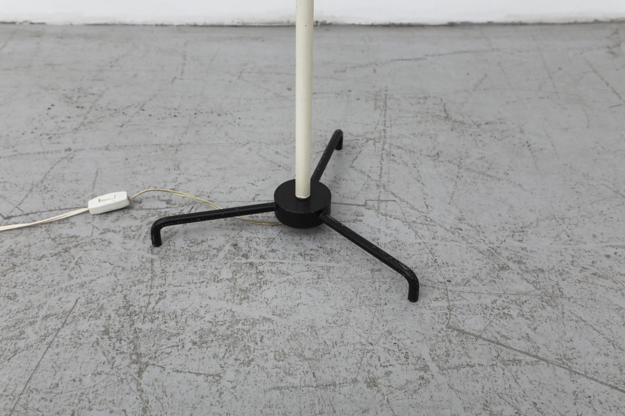 Mid-20th Century Mid-Century White Mategot Style Floor Lamp w/ Black Tripod Base & Linen Shade For Sale