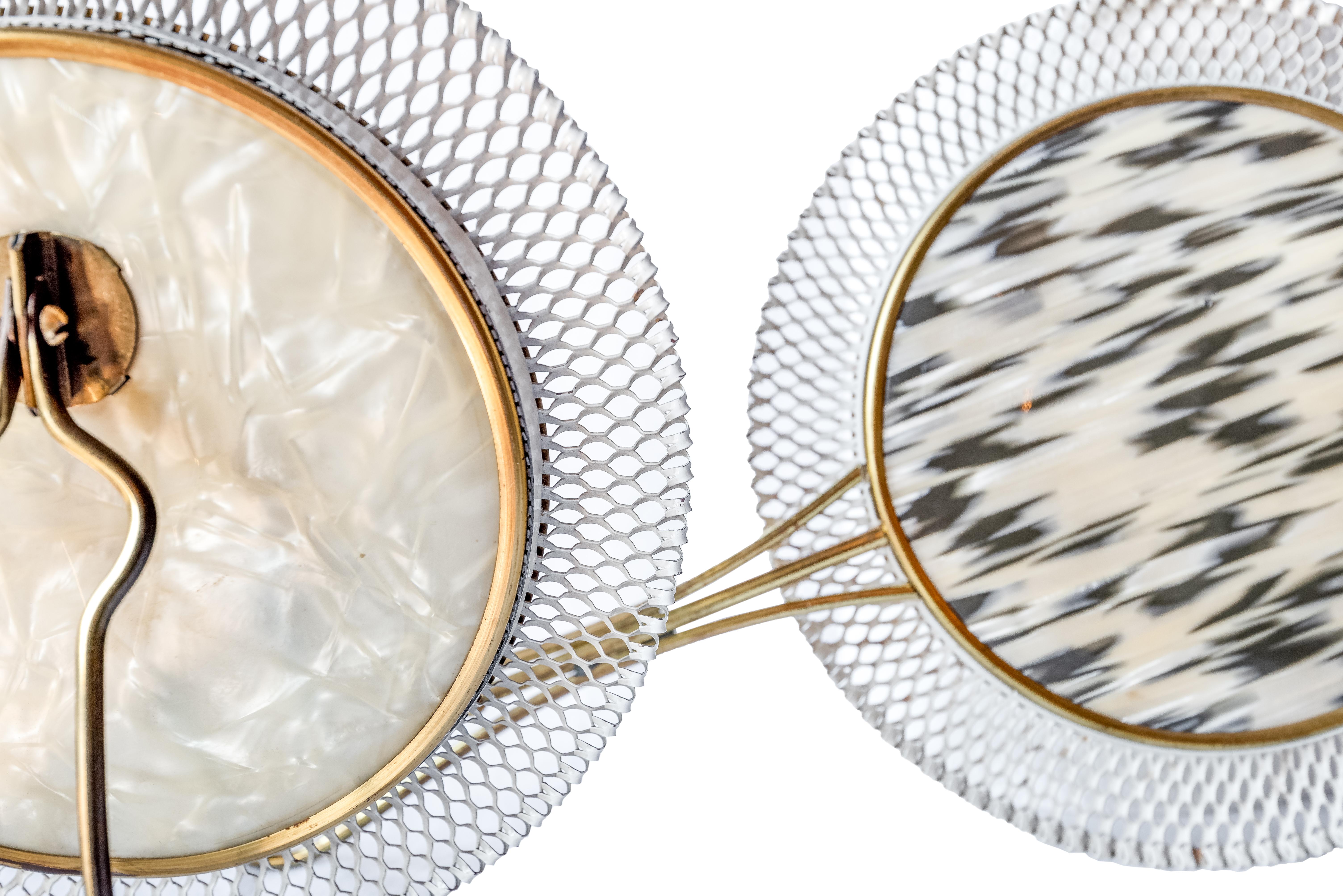 French Mid-century Mathieu Matégot Metal and Acrylic Mother Pearl Vanity Mirrors, 1950