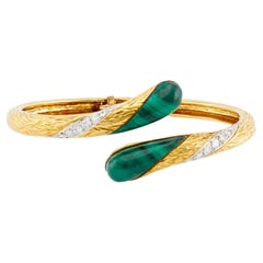 Mid Century Maubossin Malachite and Diamond 18k Yellow Gold Hinged Bracelet