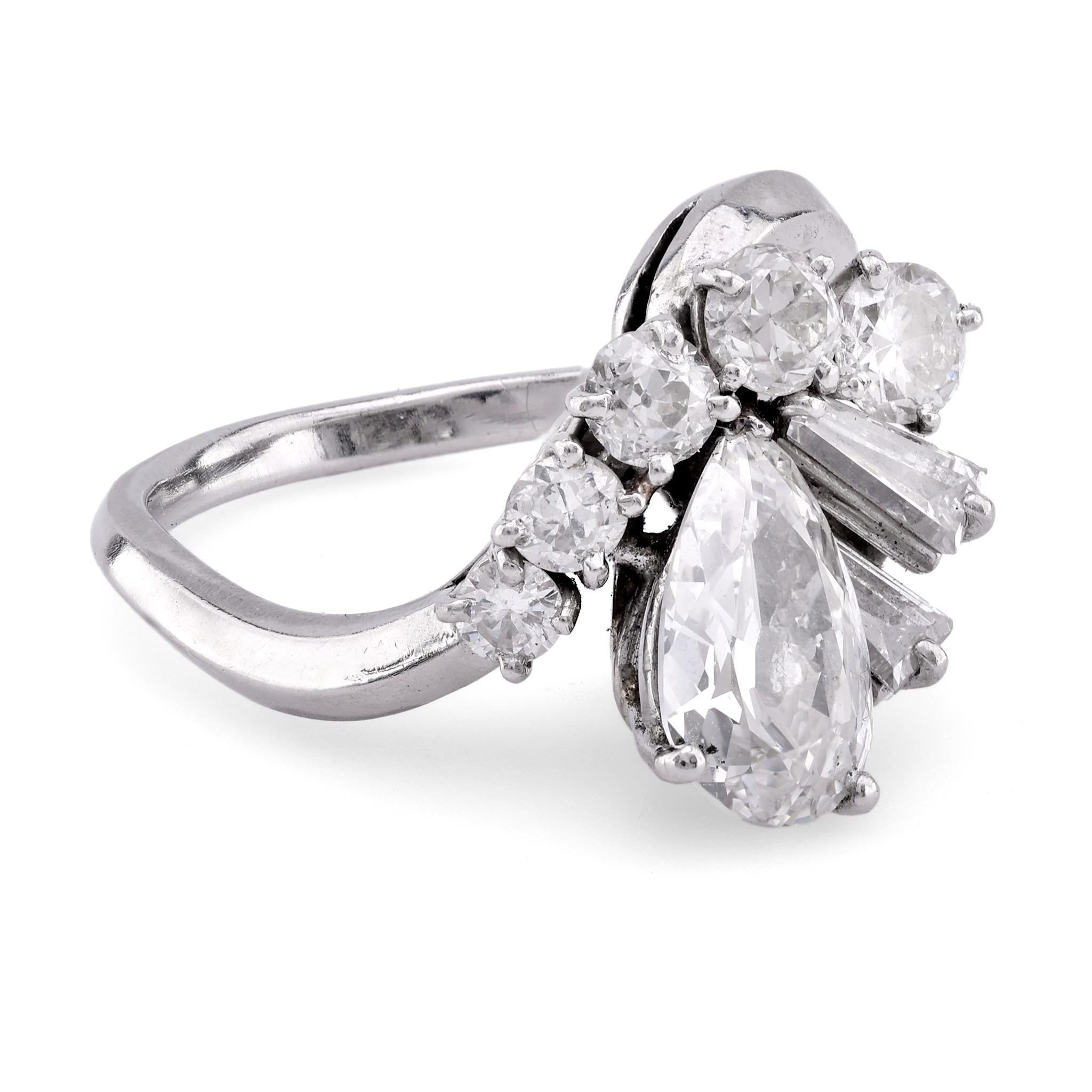 Platinring, Mauboussin Französisch GIA 1,17 Karat Diamant im Birnenschliff, Mitte des Jahrhunderts (Tropfenschliff)