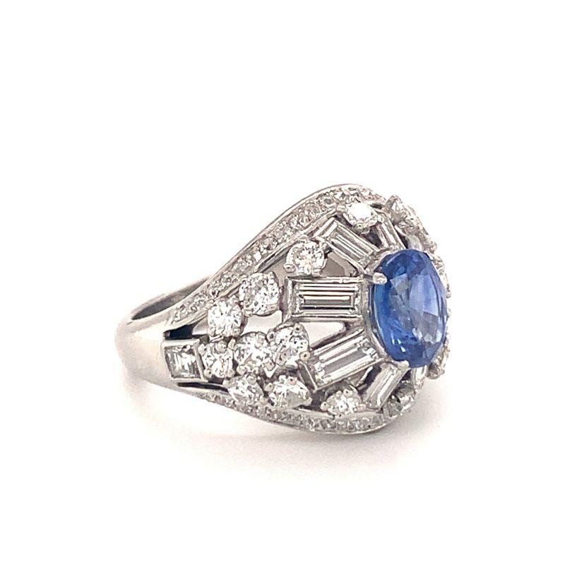 Mid-Century Mauboussin Sapphire and Diamond Platinum Ring, circa 1950s In Good Condition For Sale In Beverly Hills, CA