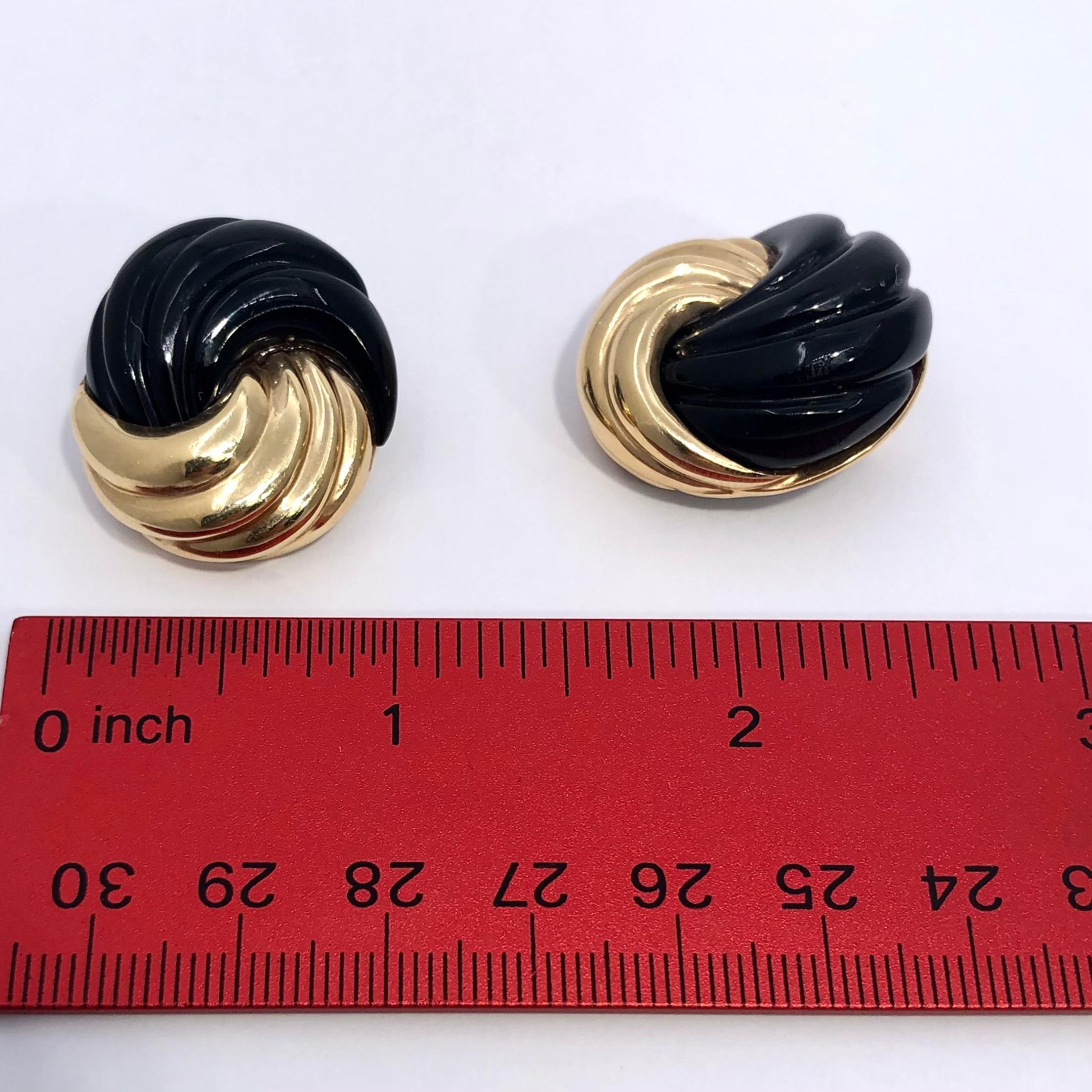 Mid Century MAZ Fluted Yellow Gold and Black Onyx Knot Style Earrings 1