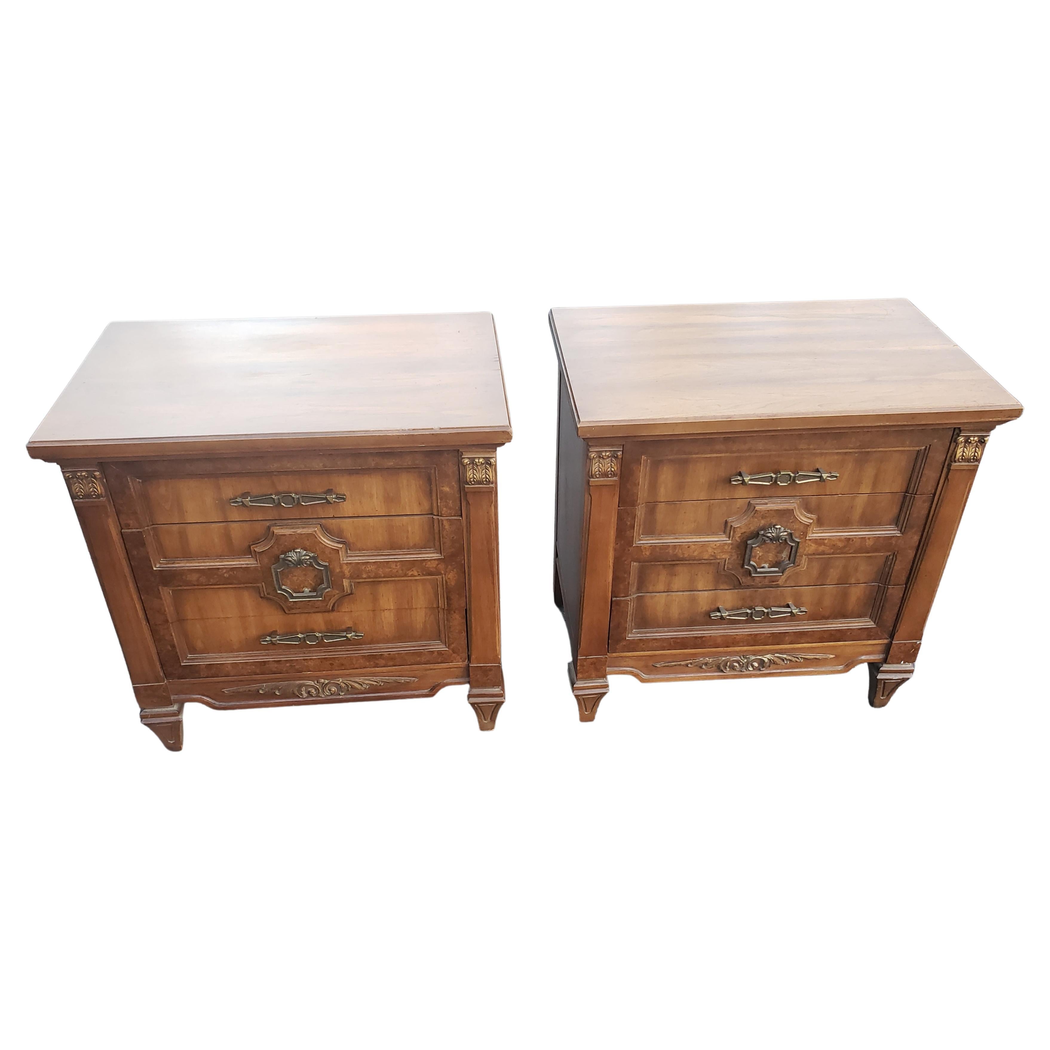 Mid-Century Mazor Masterpiece Burl Walnut and Gilt Accents Bedside Tables, Pair 2