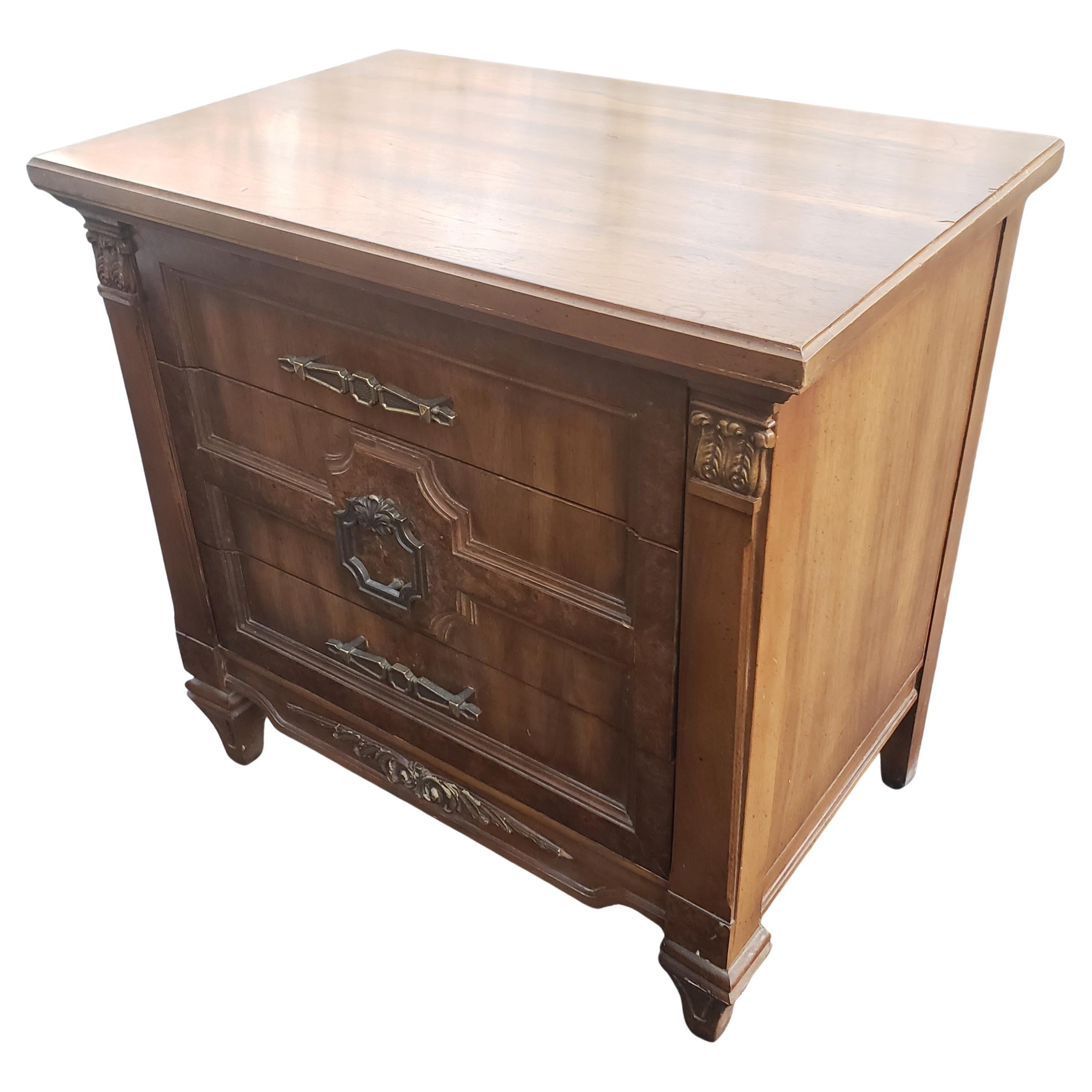 Brass Mid-Century Mazor Masterpiece Burl Walnut and Gilt Accents Bedside Tables, Pair