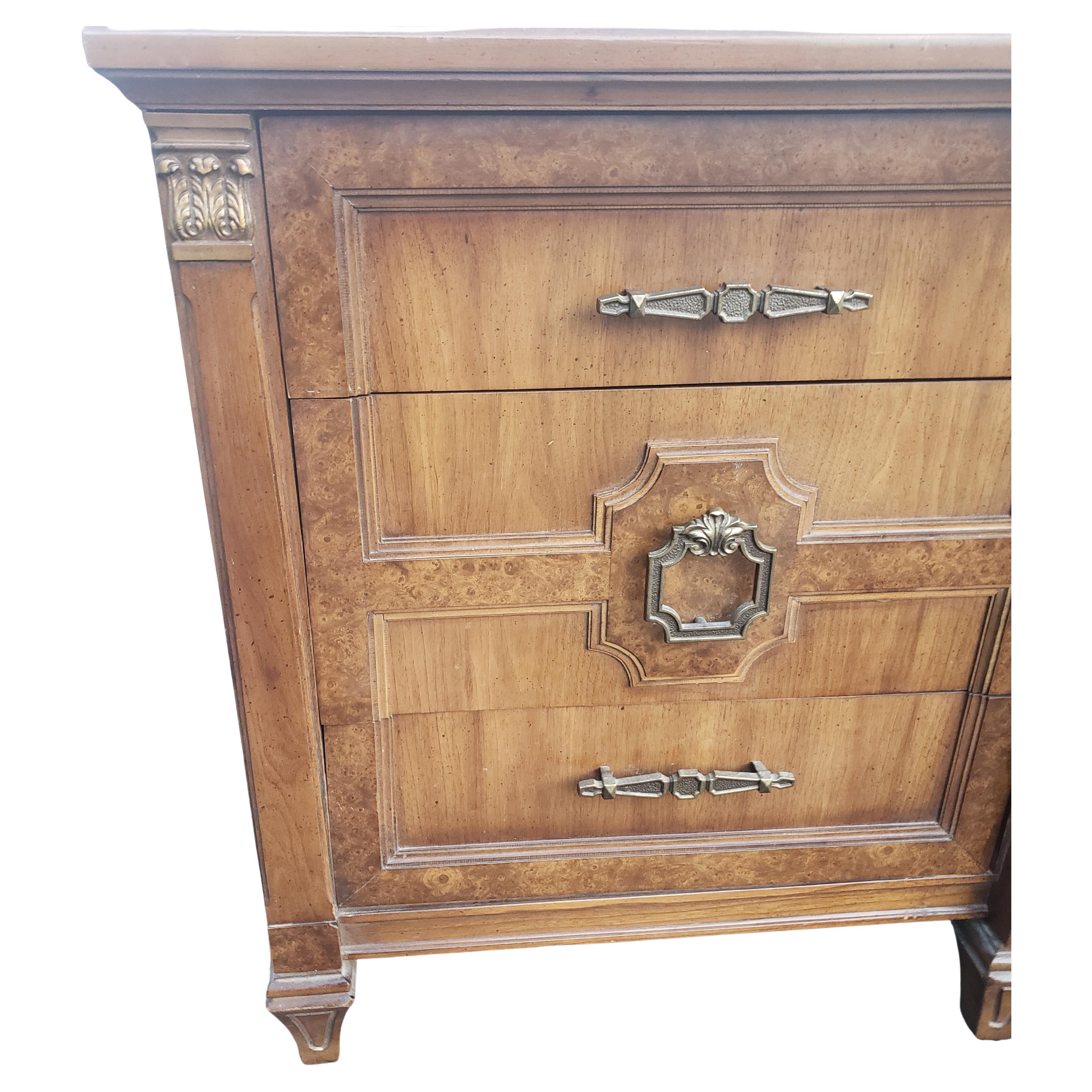 Woodwork Mid-Century Mazor Masterpiece Burl Walnut and Gilt Accents Wide Triple Dresser