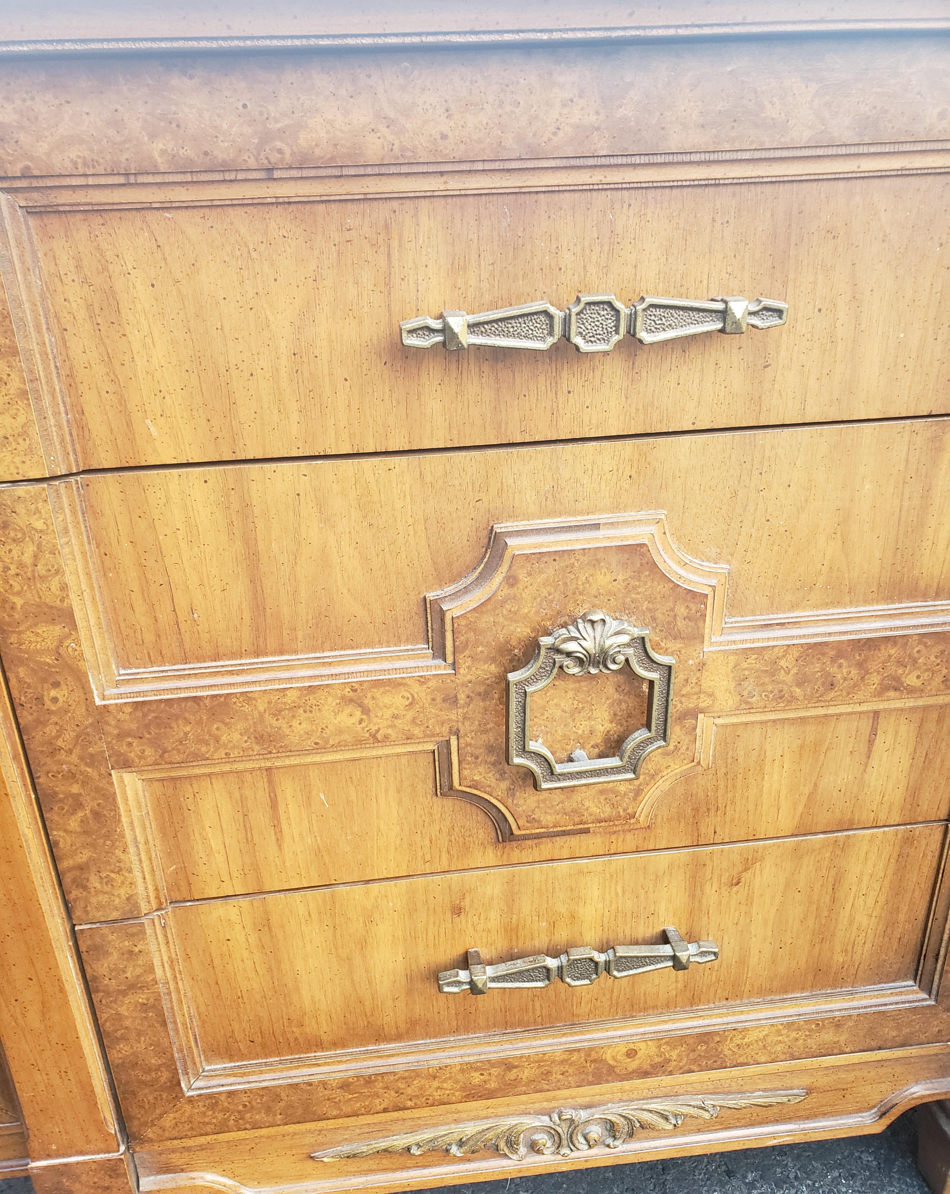 20th Century Mid-Century Mazor Masterpiece Burl Walnut and Gilt Accents Wide Triple Dresser