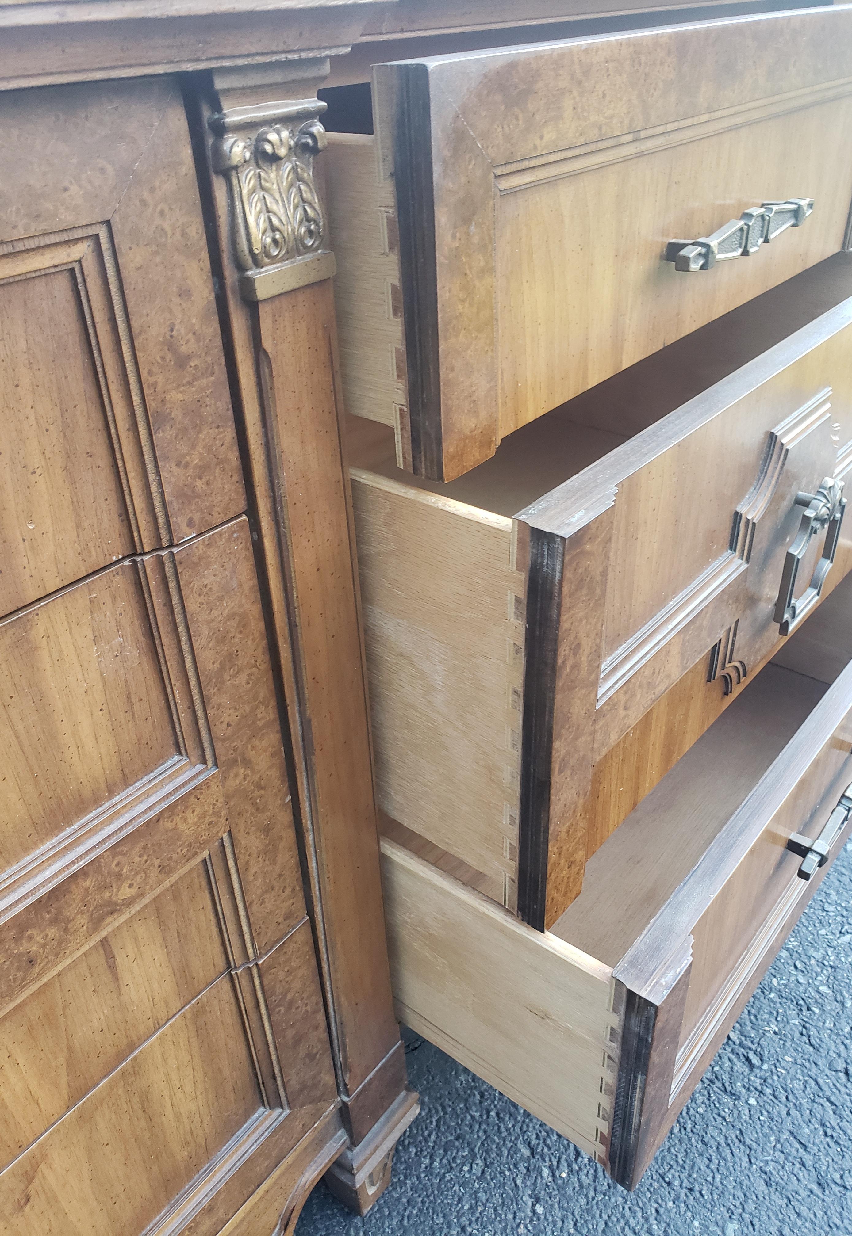 Brass Mid-Century Mazor Masterpiece Burl Walnut and Gilt Accents Wide Triple Dresser