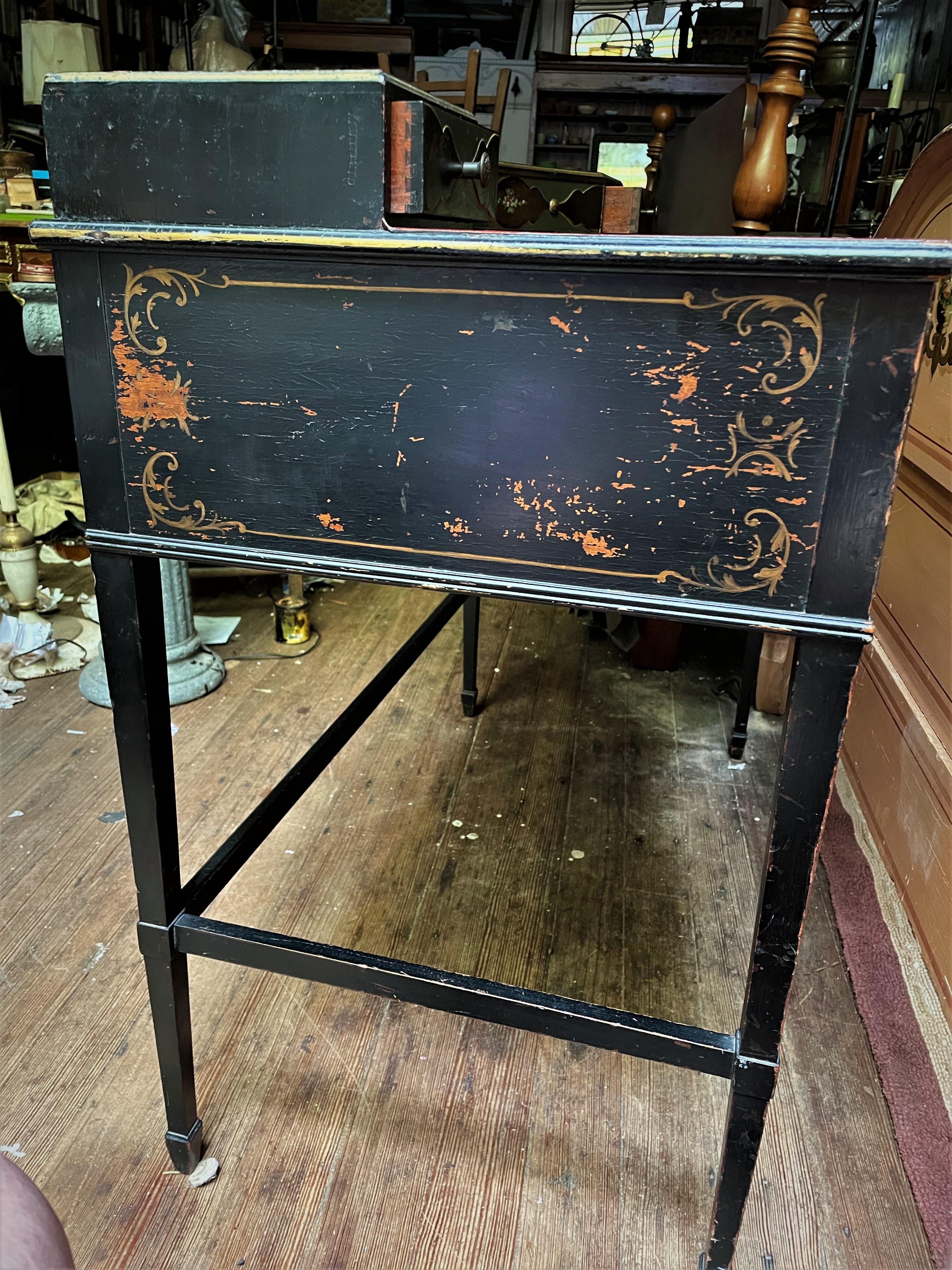 Embossed Mid Century Mazor Masterpiece Red Leather Top Black & Floral Painted Ladies Desk For Sale