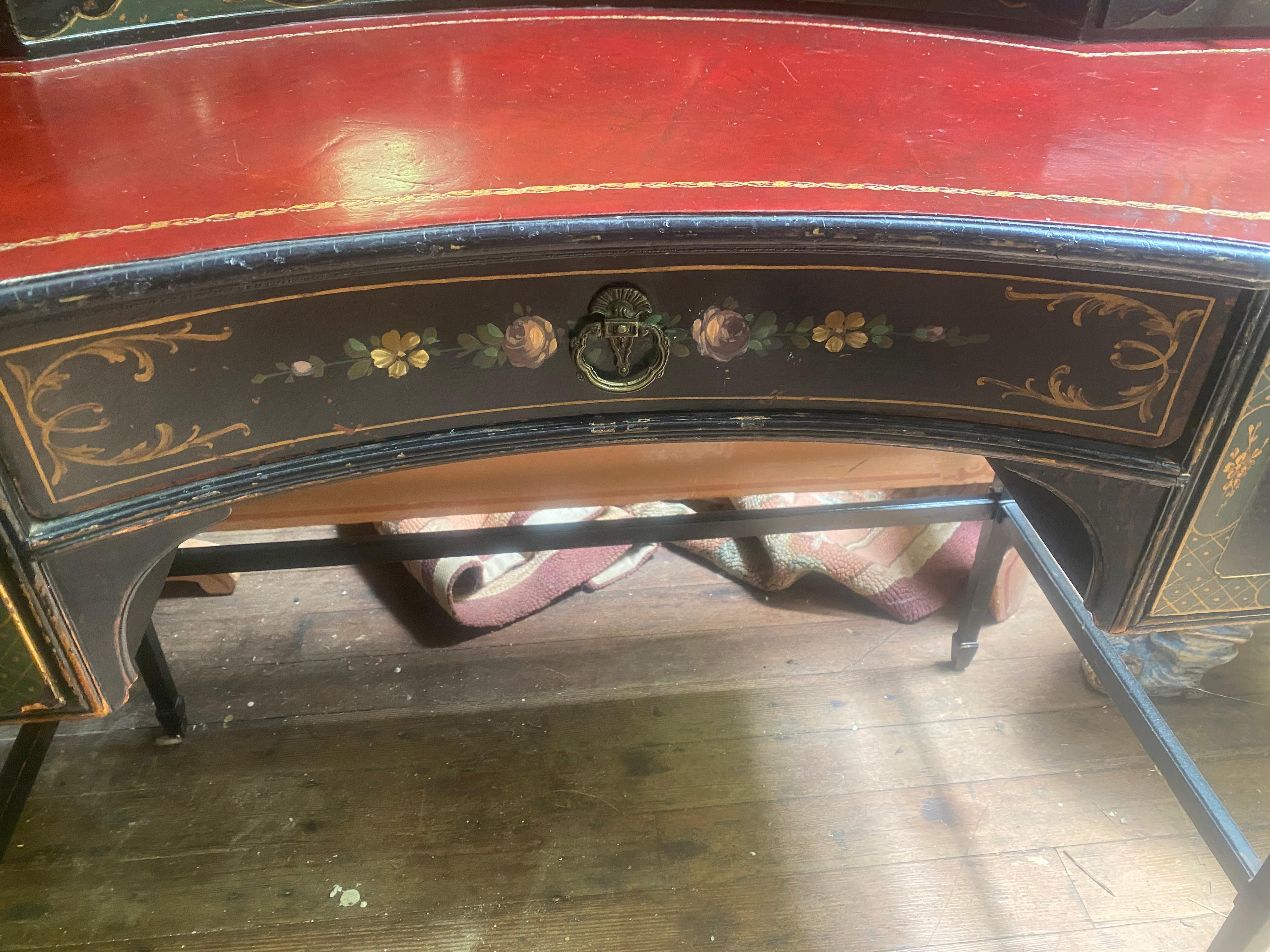 Mid Century Mazor Masterpiece Red Leather Top Black & Floral Painted Ladies Desk For Sale 2